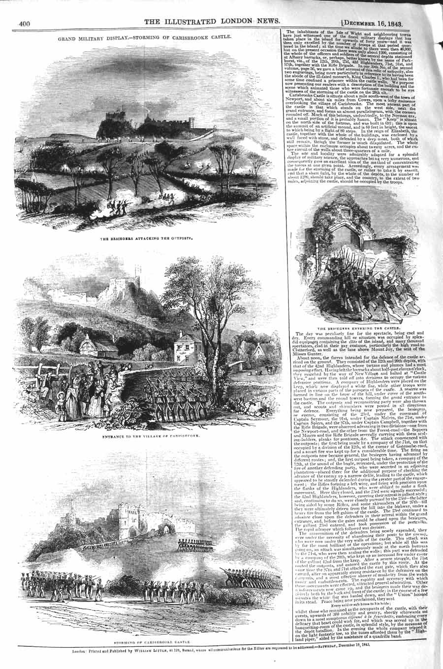 Old Antique Print 1843 Grand Military Display Storming Carisbrooke Castle 19th