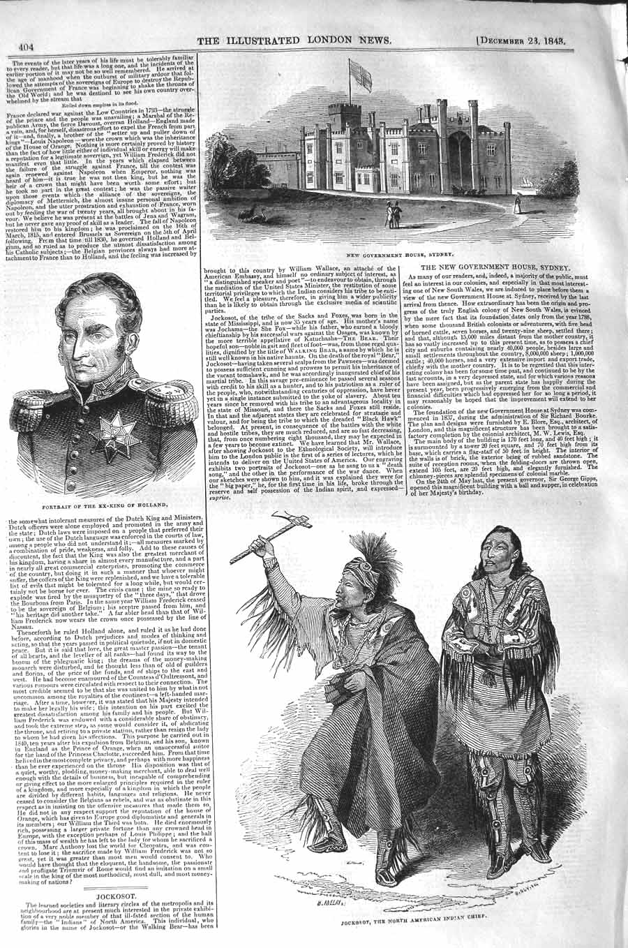 Original Old Antique Print 1843 Government Syndey Ex-King Holland Indian Chief