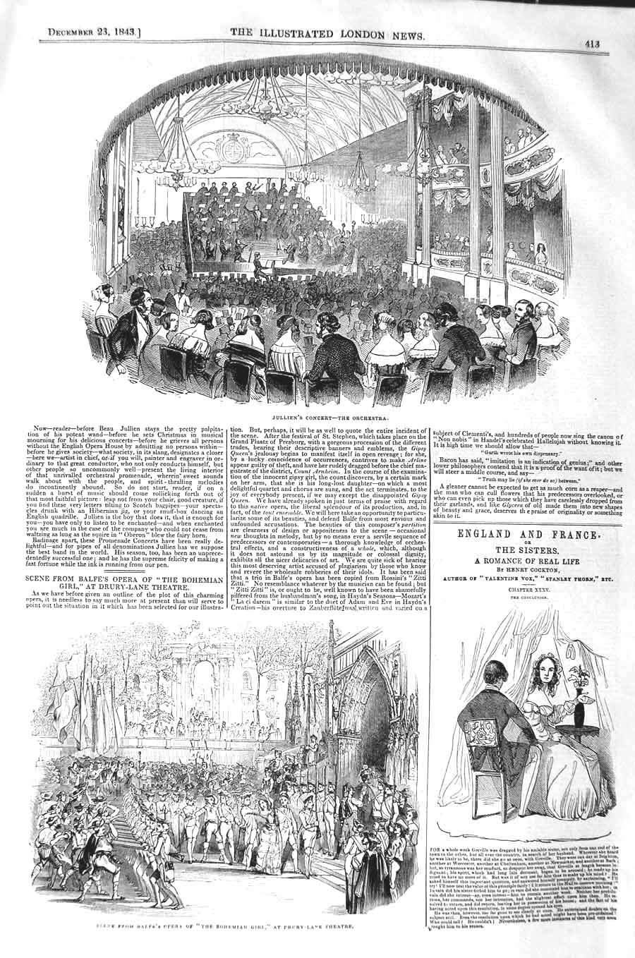 Old Antique Print 1843 Julien'S Concert Orchestra Drury Theatre Bohemian 19th
