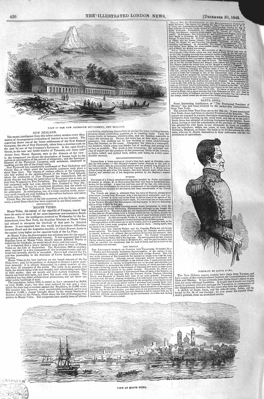 Original Old Antique Print 1843 New Zealand Plymouth Settlement Santa Ann 19th