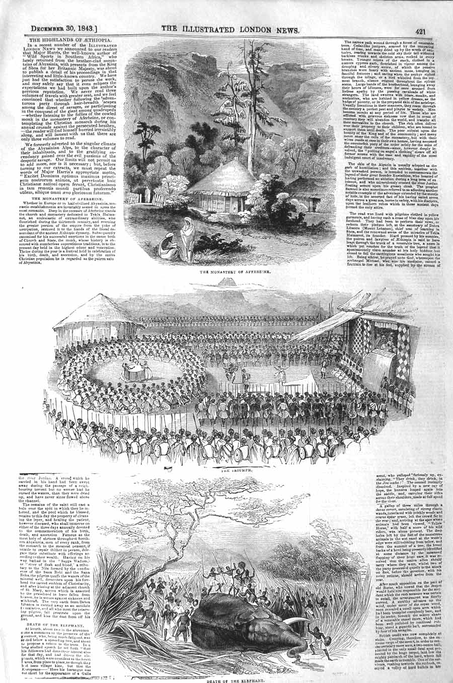 Old Antique Print 1843 Monastery Aferbeine Triumph Scene Death Elephant 19th