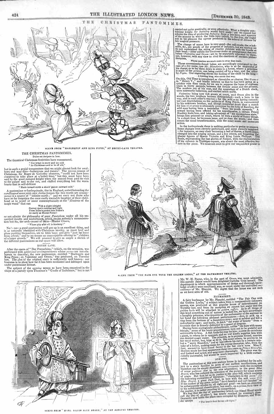 Original Old Antique Print 1843 Drury Theatre Haymarket Adelphi Pan Victorian