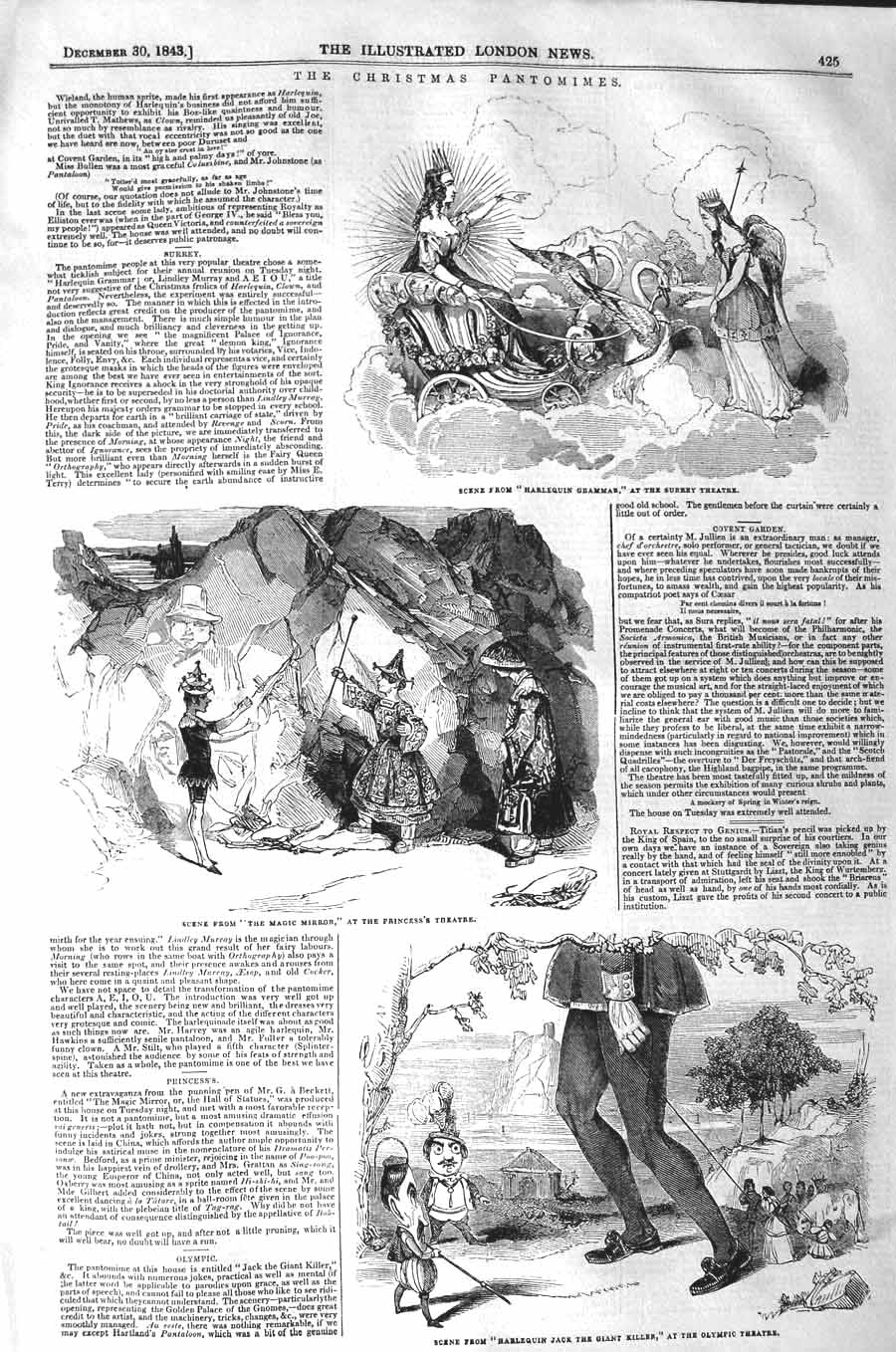 Original Old Antique Print 1843 Surrey Theatre Pantomimes Magic Mirror Olympic