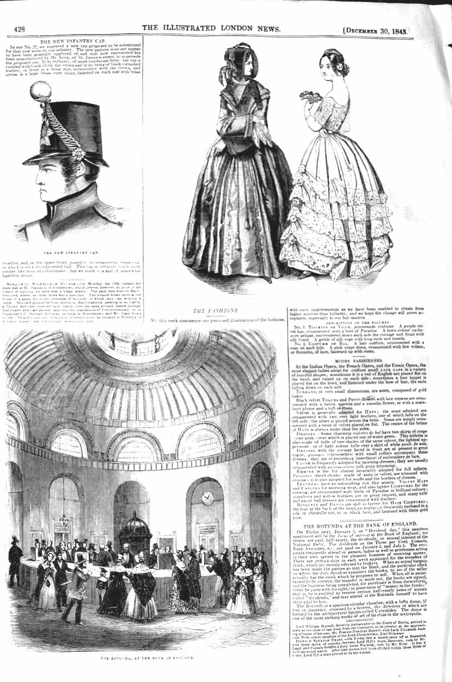 Original Old Antique Print 1843 Infantry Cap Rotunda Ban England Ladies Fashion