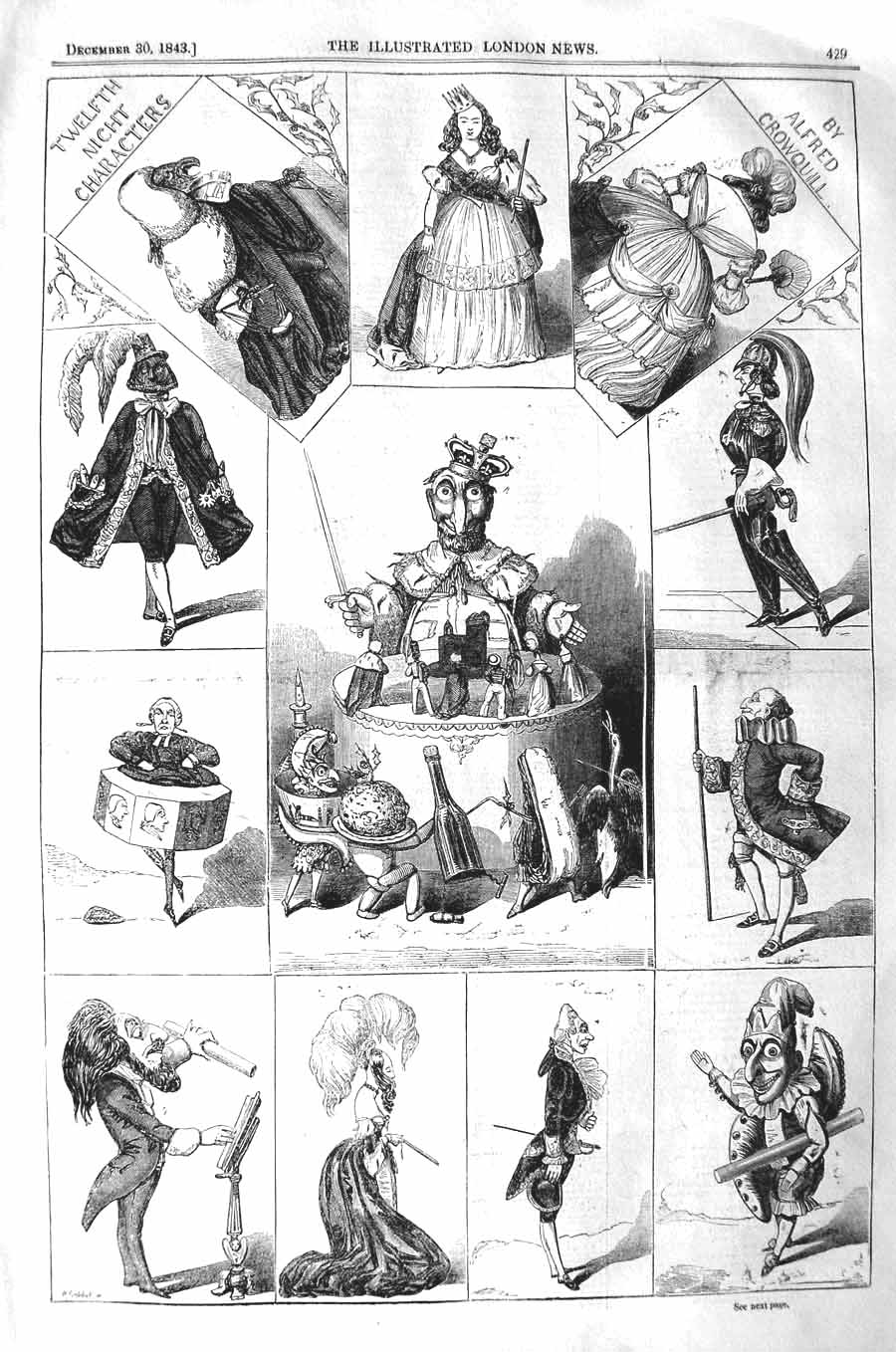Old Antique Print 1843 Twelfth Night Characters Theatre Alfred Crowquill 19th