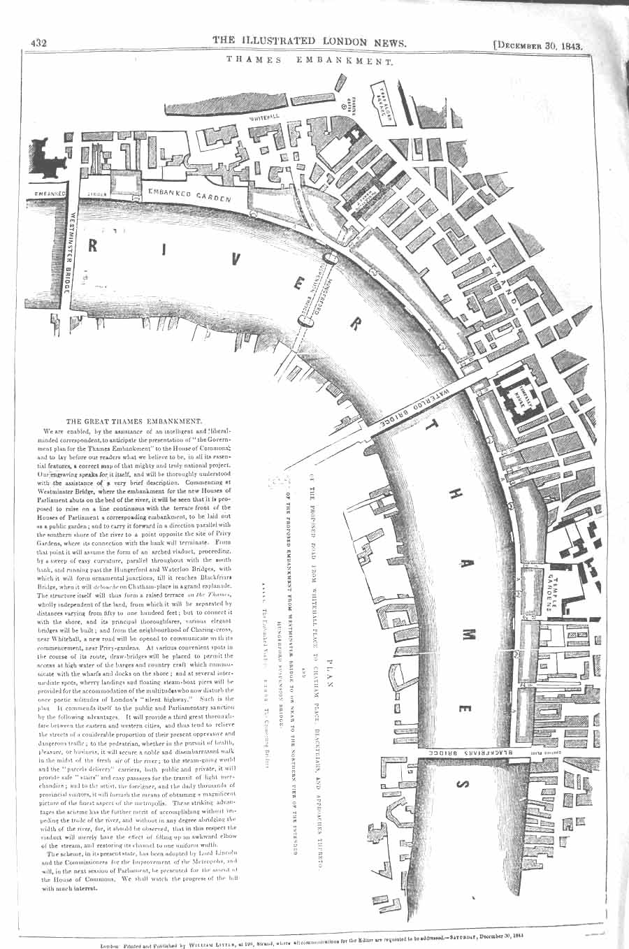 Original Old Antique Print 1843 Plan River Thames Embankment Road Whitehall