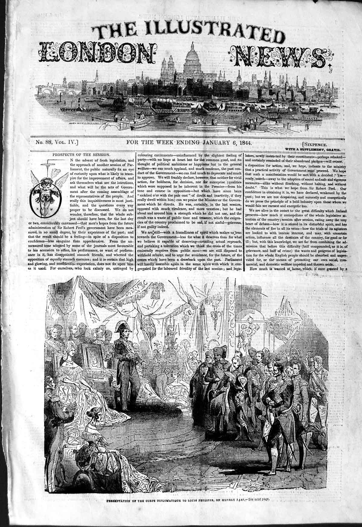 Original Old Antique Print 1844 Presentation Corps Diplomatique Louis Philippe