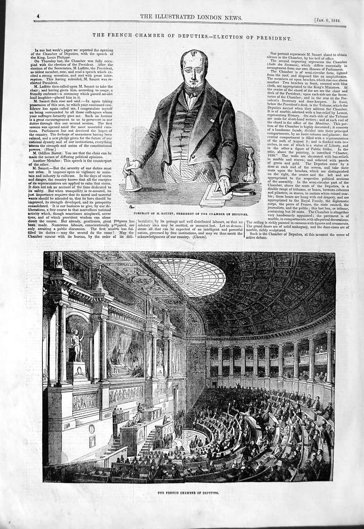 Old Antique Print 1844 Portrait Sauzet President French Chamber Deputies 19th