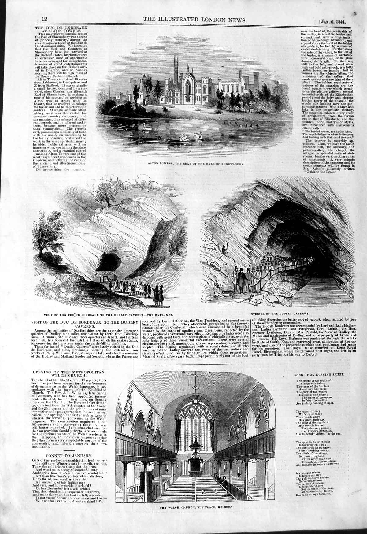 Old Antique Print 1844 Alton Towers Earl Shrewsbury Welch Church Holborn 19th
