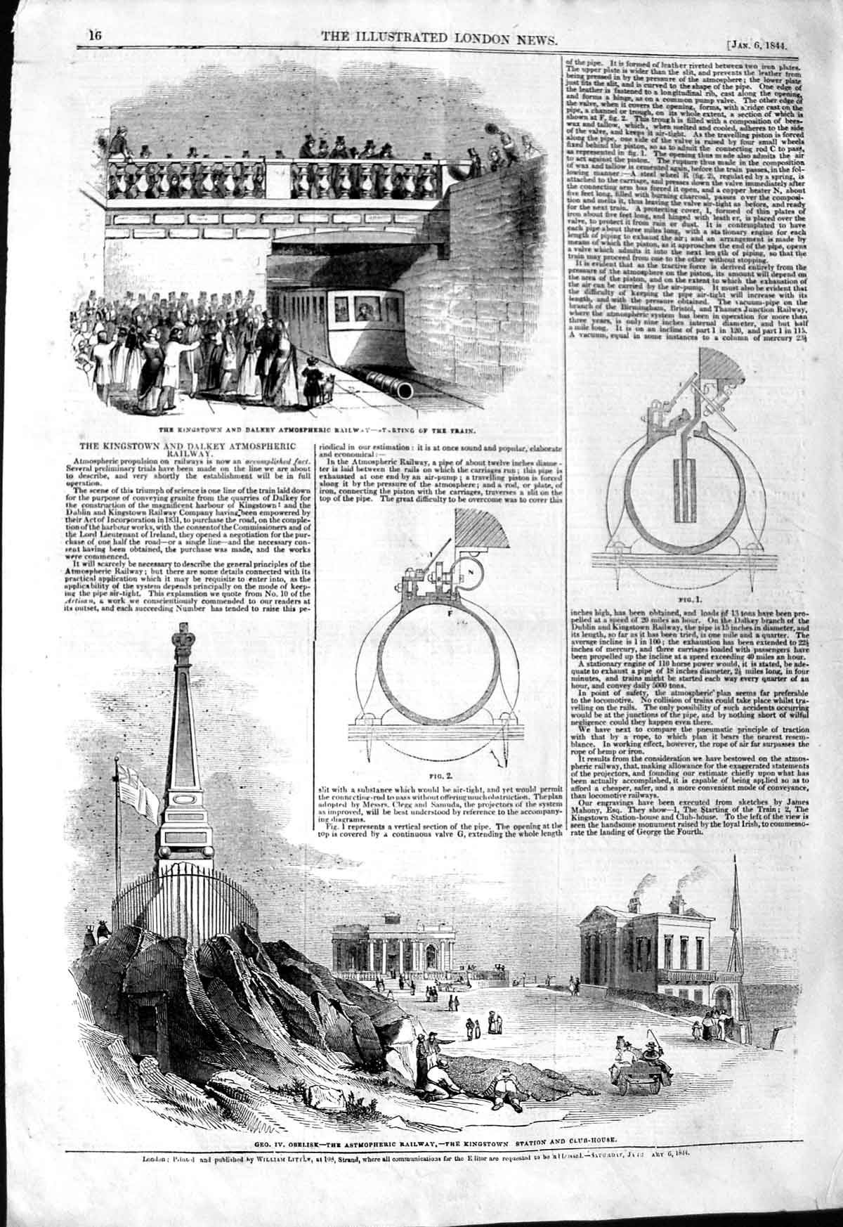 Original Old Antique Print 1844 Obelisk Astmopheric Railway Dalkey Ki Victorian