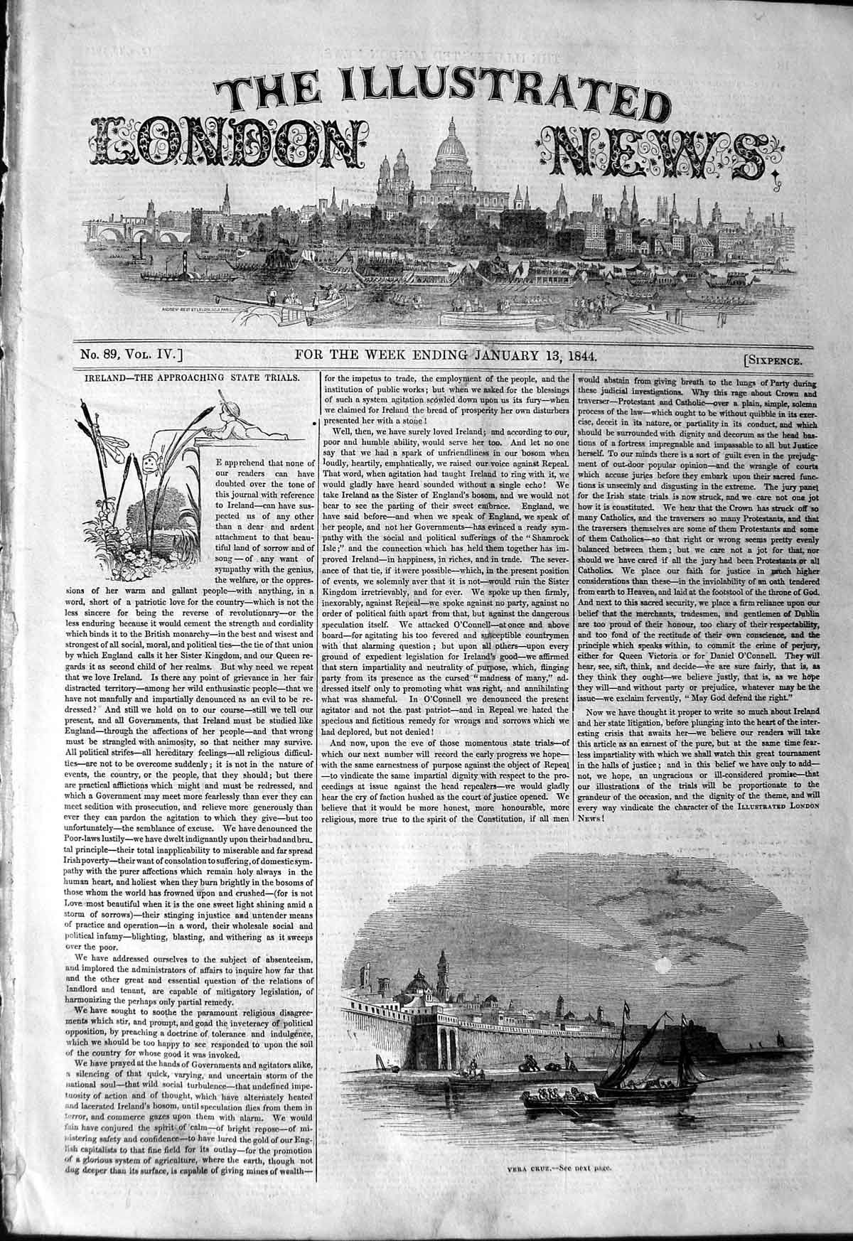Original Old Antique Print 1844 View Vera Cruz Boats Sunlight 19th