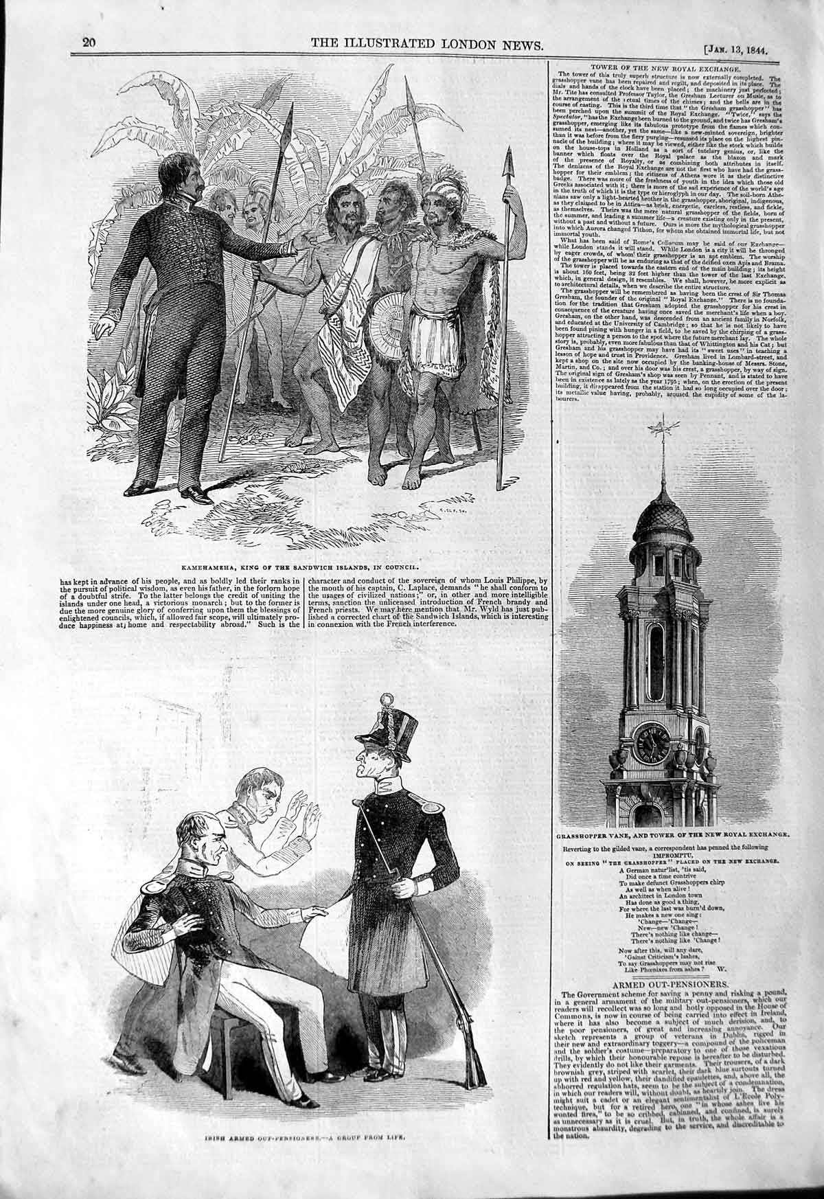 Old Antique Print 1844 Kamehameha Sandwich Islands Royal Exchange Tower 19th