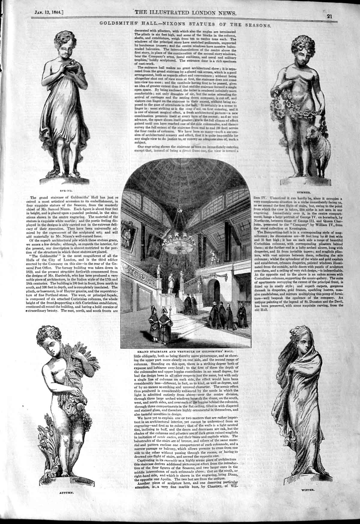 Original Old Antique Print 1844 Gsmith'S Hall Statues Season Grand Staircase
