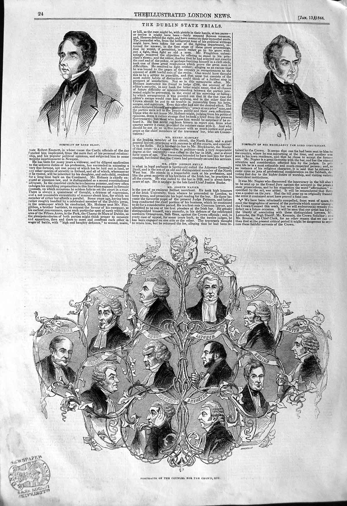 Old Antique Print 1844 Lord Eliot Lieutenant Green Napier Brewster Smyth 19th