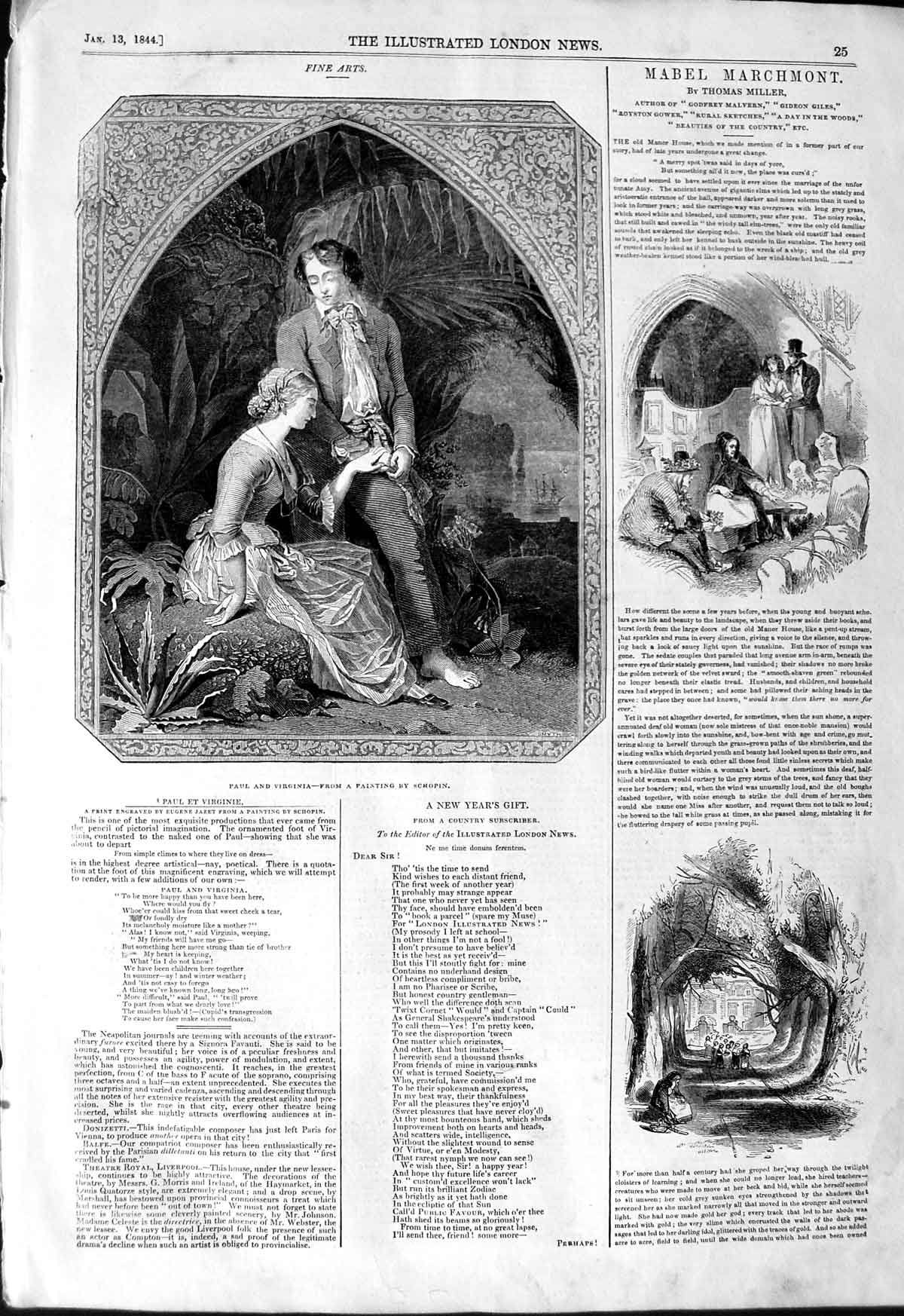 Original Old Antique Print 1844 Paul Virginia Art Painting Schopin Victorian
