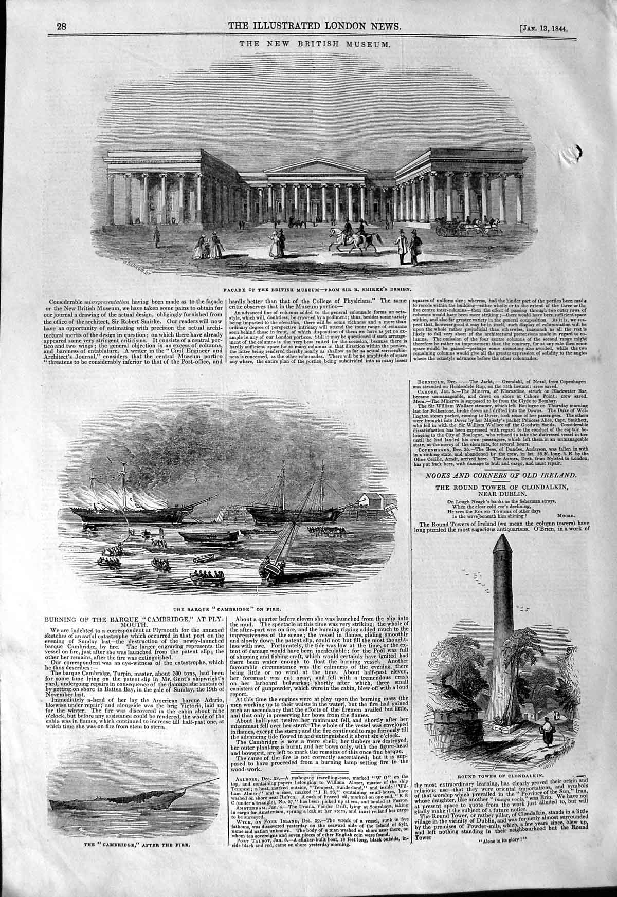 Original Old Antique Print 1844 Tower Clondalkin Barge Cambridge British Museum