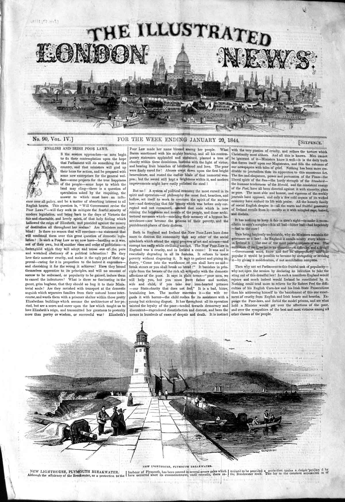 Original Old Antique Print 1844 New Lighthouse Plymouth Breakwater England 19th