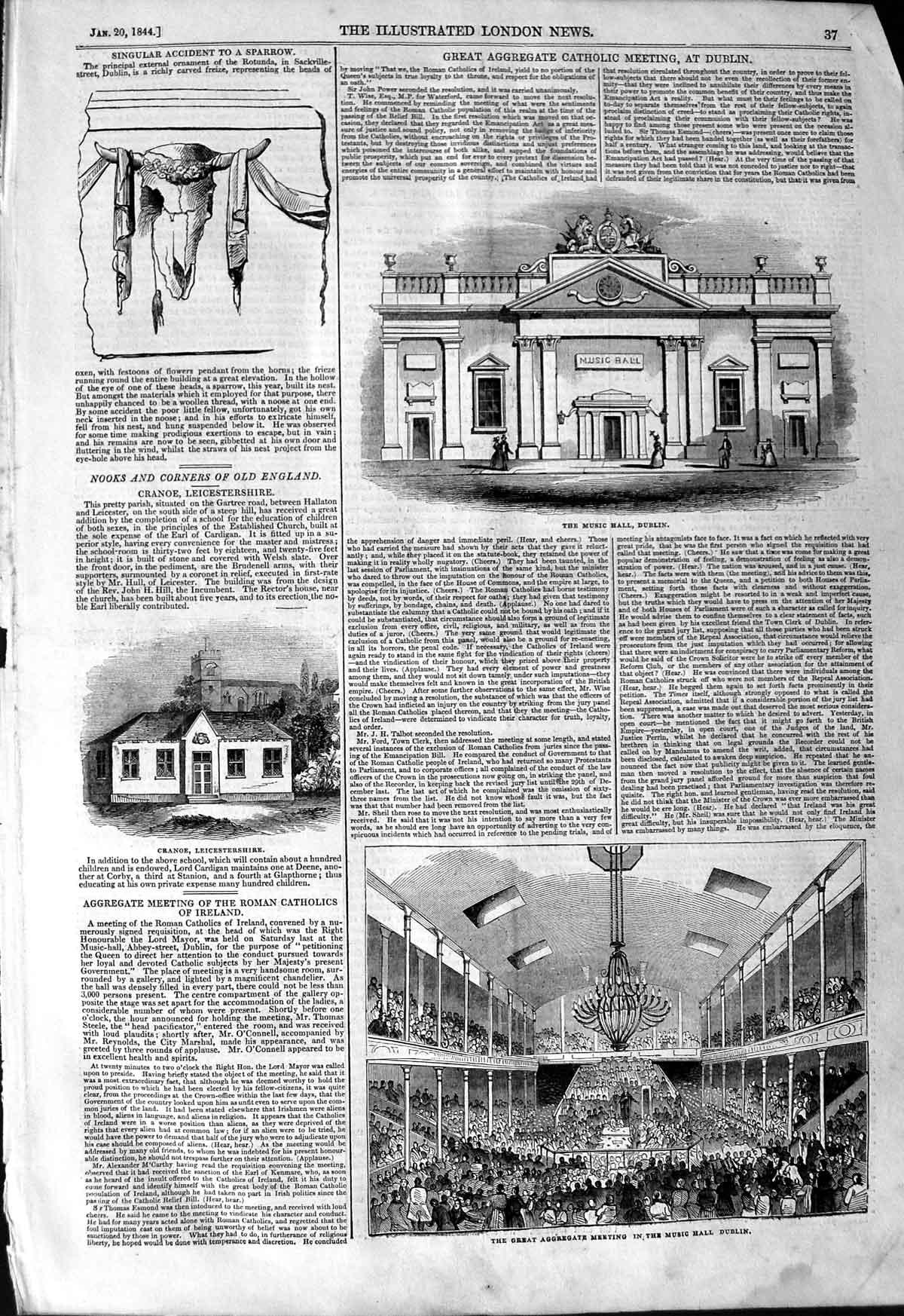 Original Old Antique Print 1844 Music Hall Dublin Ireland Cranoe Leicest 19th