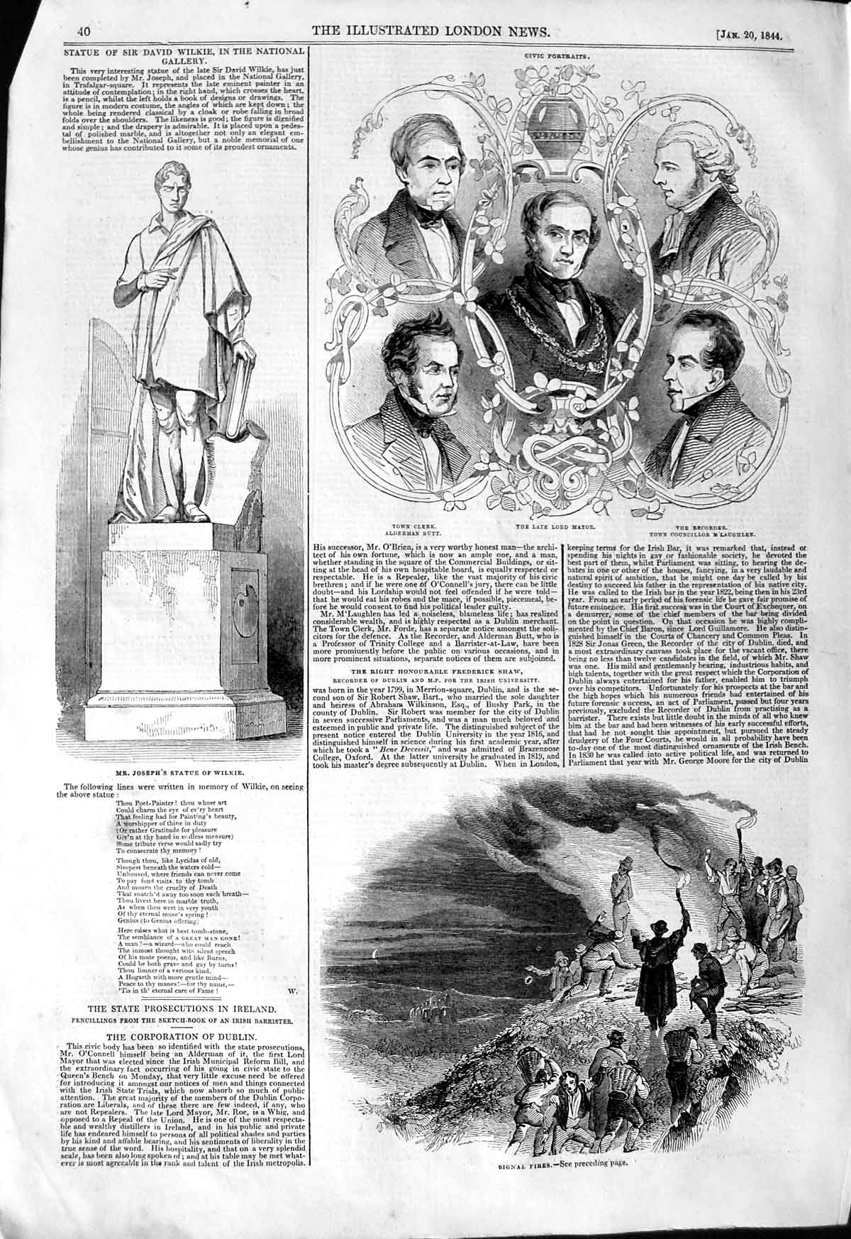 Old Antique Print 1844 Statue David Wilkie Lord Mayor Ireland O'Connell 19th