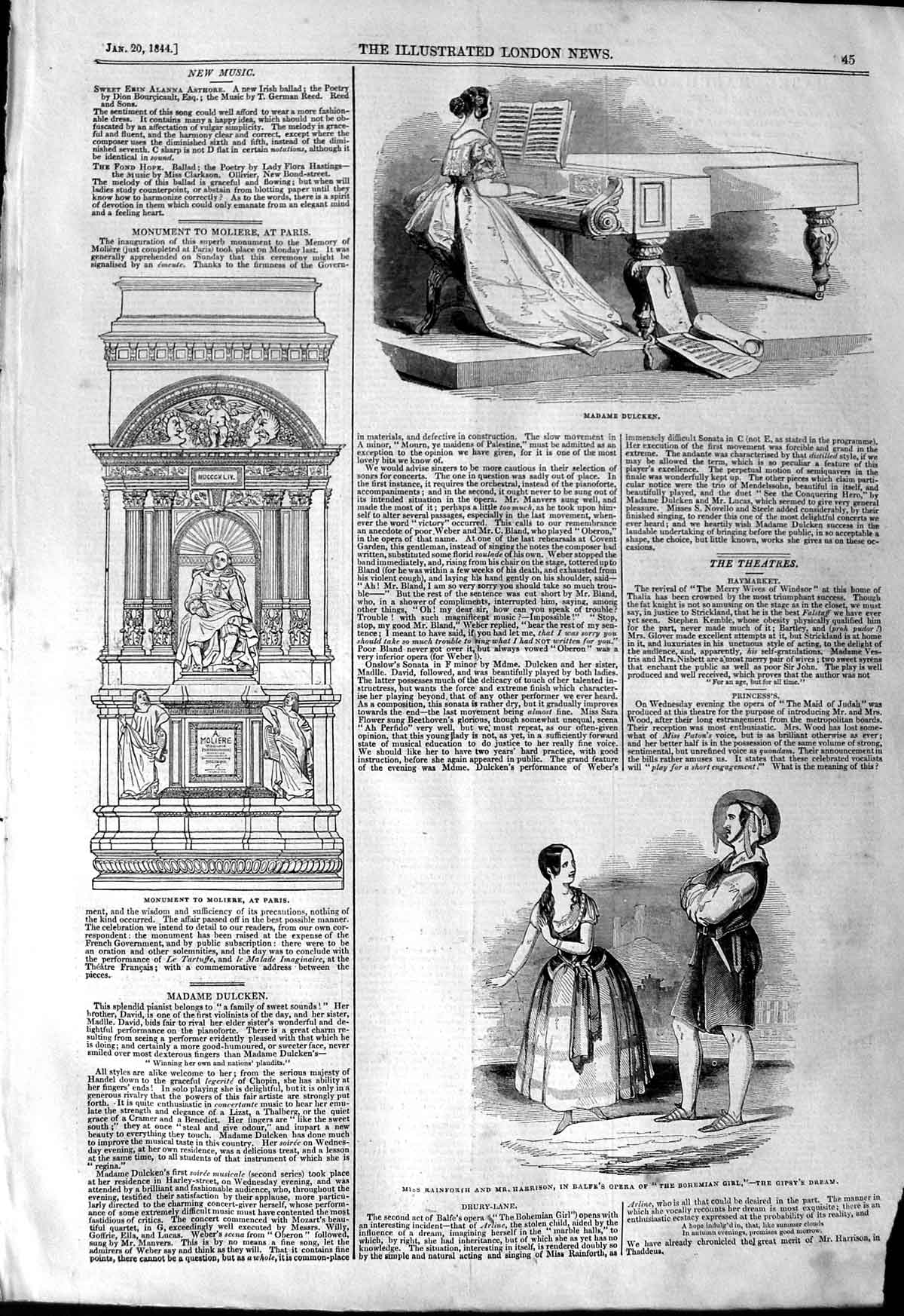 Original Old Antique Print 1844 Rainforth Harrison Opera Theatre Dulcken 19th