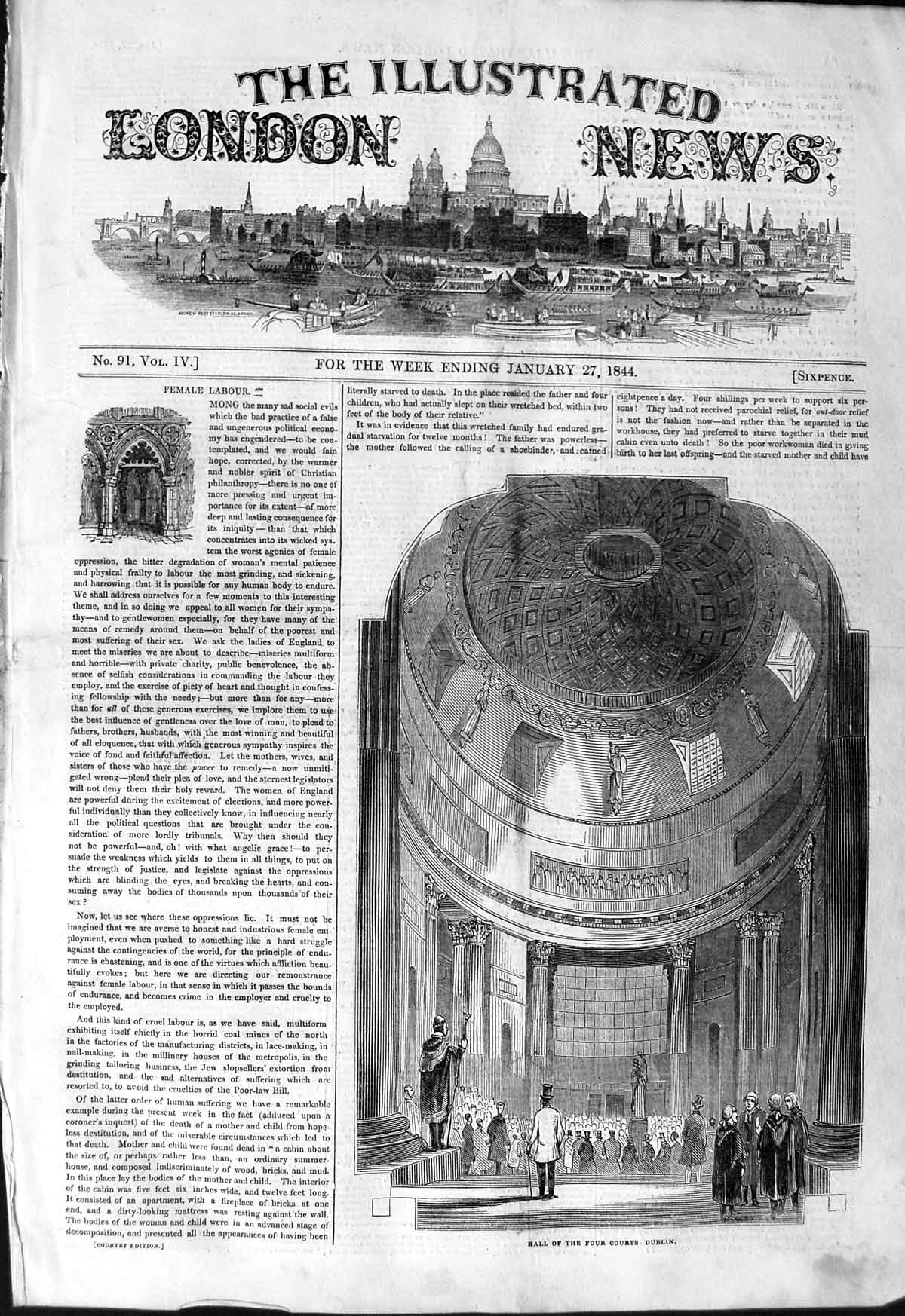 Original Old Antique Print 1844 Interior View Hall Four Courts Dublin Victorian