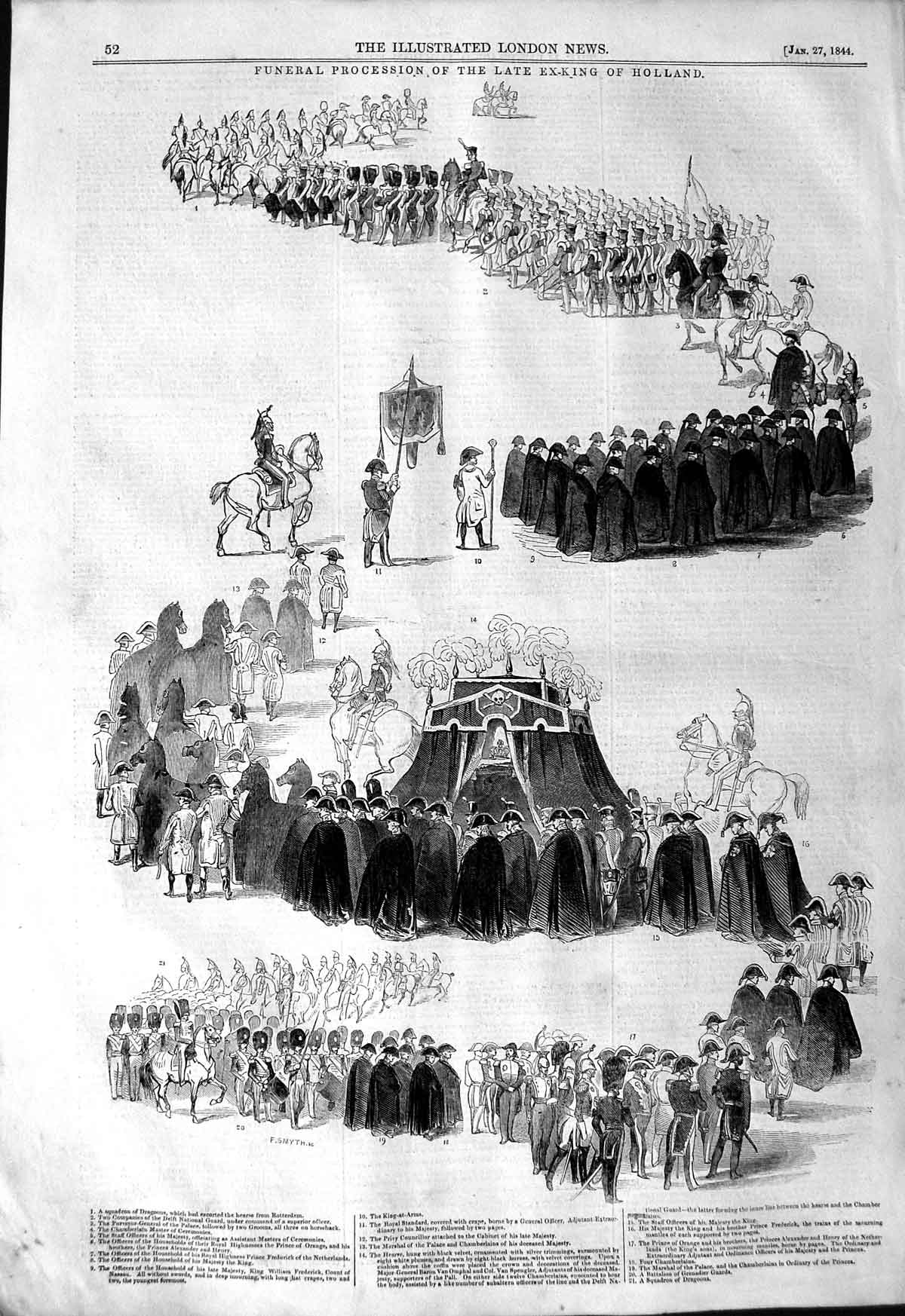 Original Old Antique Print 1844 Funeral Procession King Holland 19th