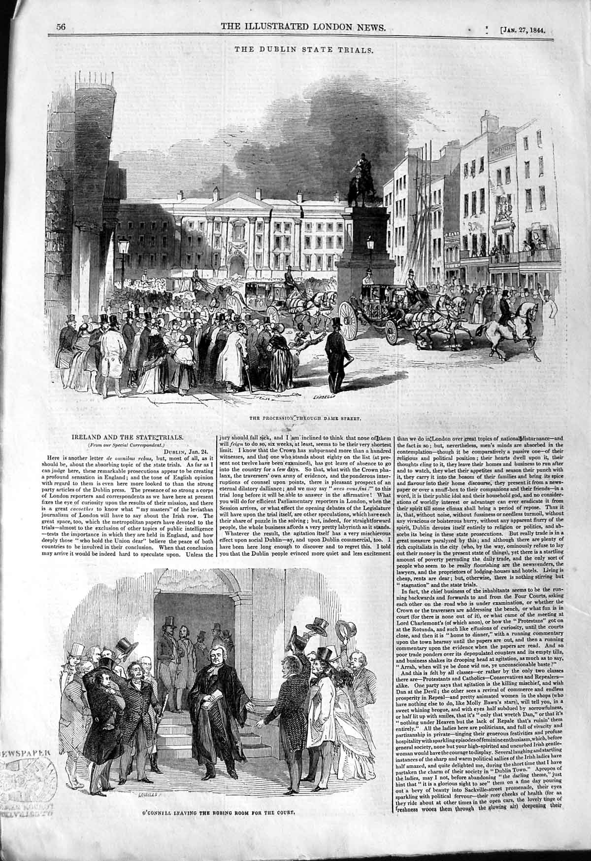 Original Old Antique Print 1844 Ireland Dublin Stat Trial Court O'Connell Dame