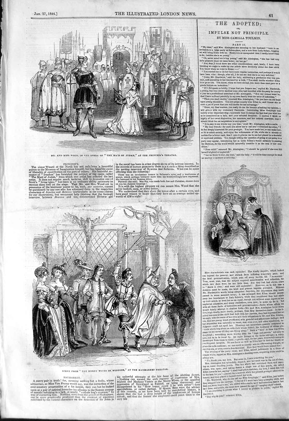 Old Antique Print 1844 Merry Wives Windsor Haymarket Theatre Maid Judah 19th