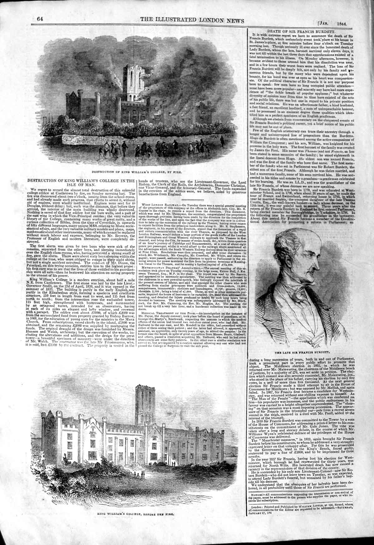 Original Old Antique Print 1844 Sir Francis Burdett King William Colle Victorian