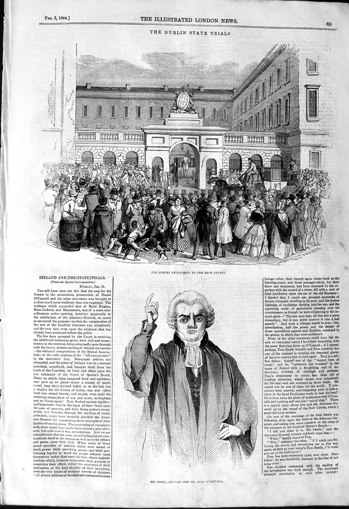 Old Antique Print 1844 Ireland Dublin State Trial Court Sheil O'Connell 19th
