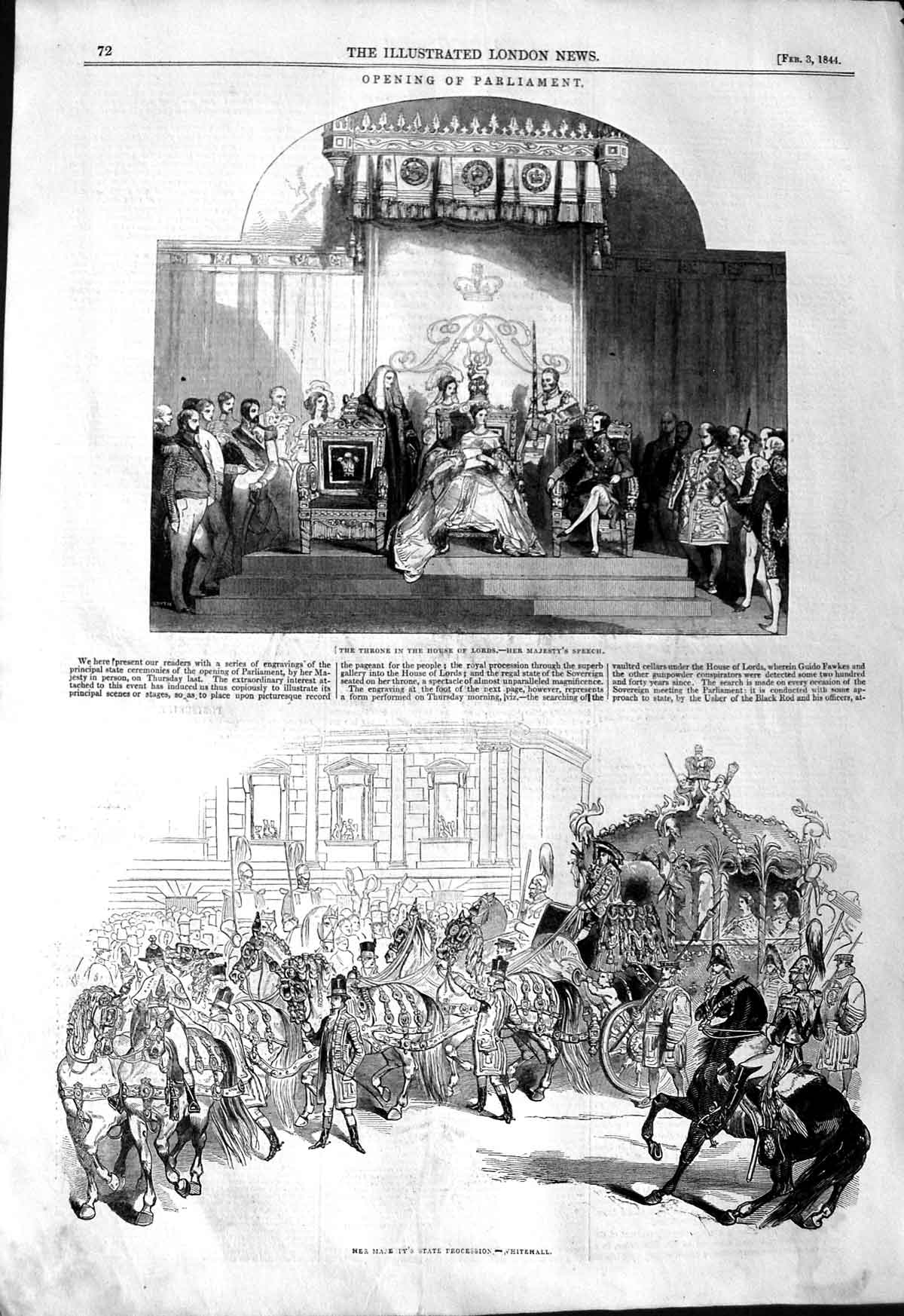 Original Old Antique Print 1844 Parliament Throne House Lords Whitehall Vaults