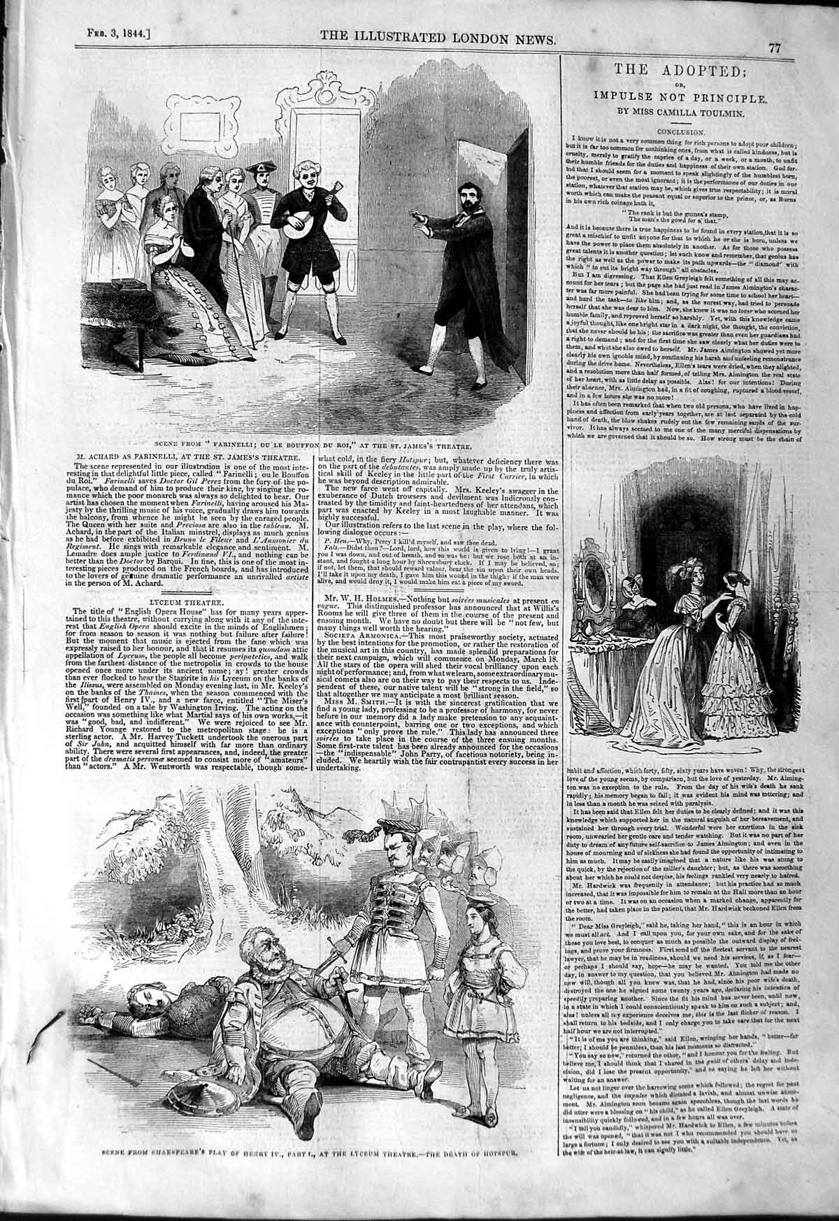 Old Antique Print 1844 Lyceum Theatre Shakspeare Farinelli Bouffon Du Roi 19th