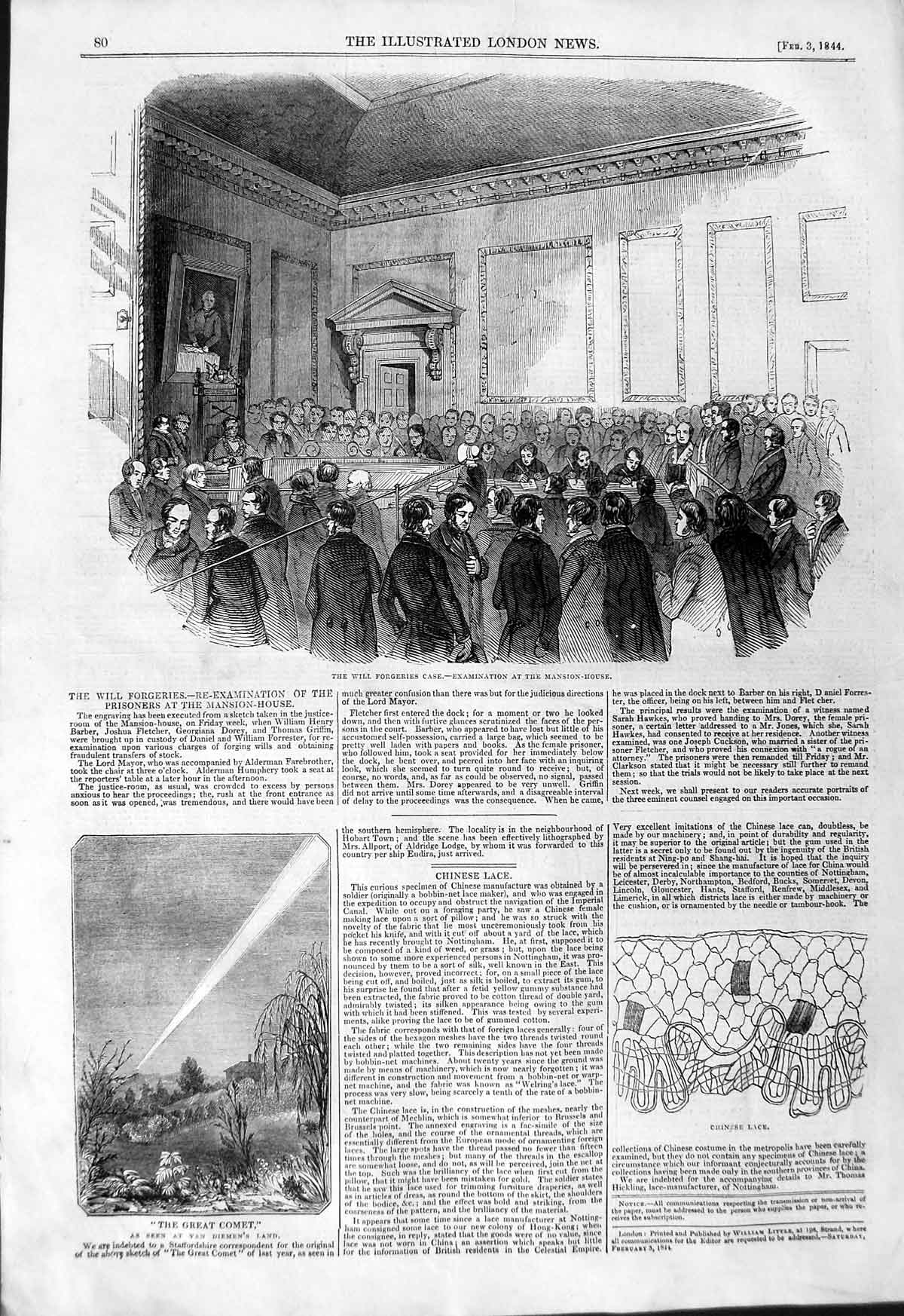 Original Old Antique Print 1844 Will Forgeries Mansion House Comet Van Diemen'S