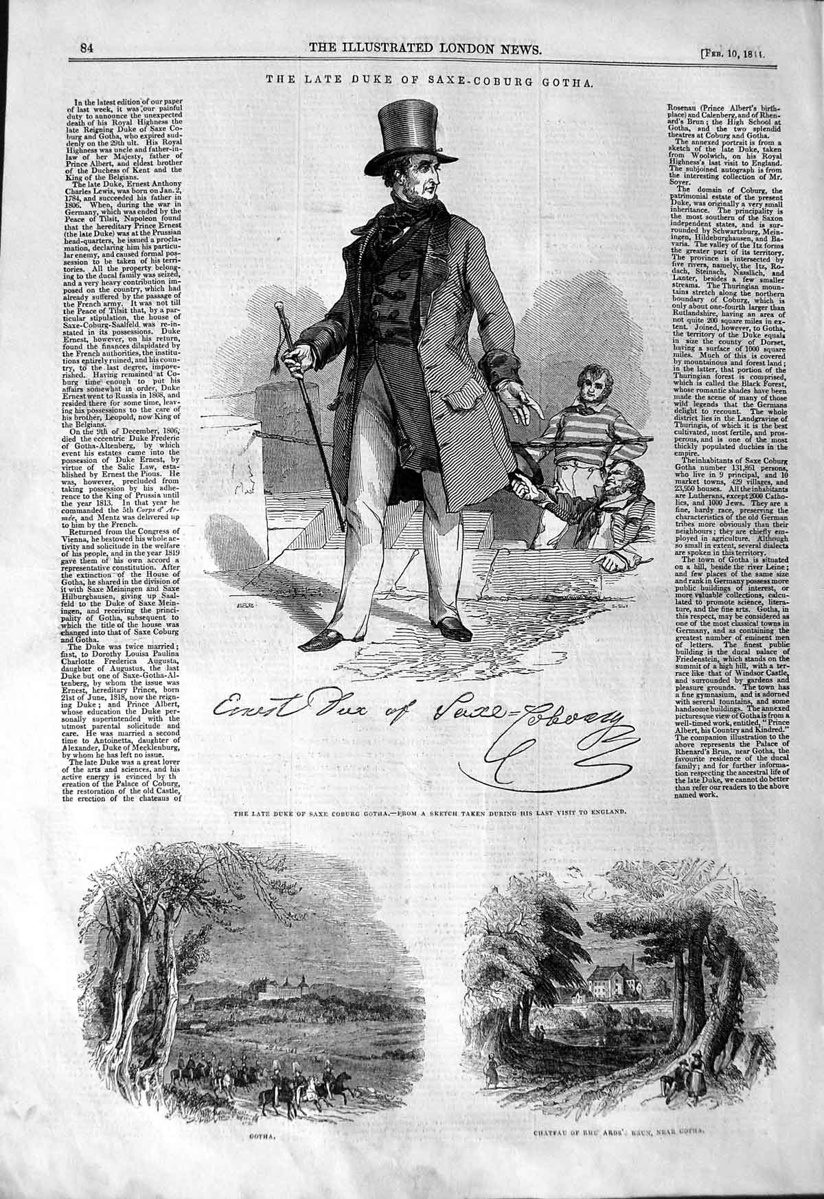 Original Old Antique Print 1844 Duke Saxe-Coburg Gotha Chateau Brun Gardens