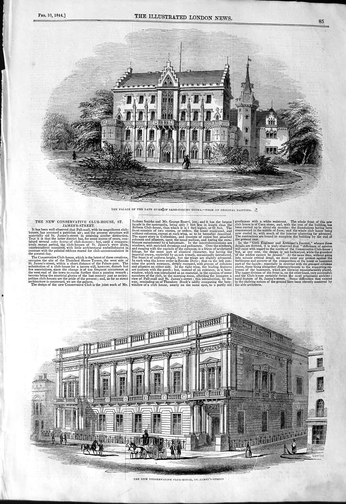 Old Antique Print 1844 Palace Duke Saxe-Coburg Gotha Club House James'S 19th
