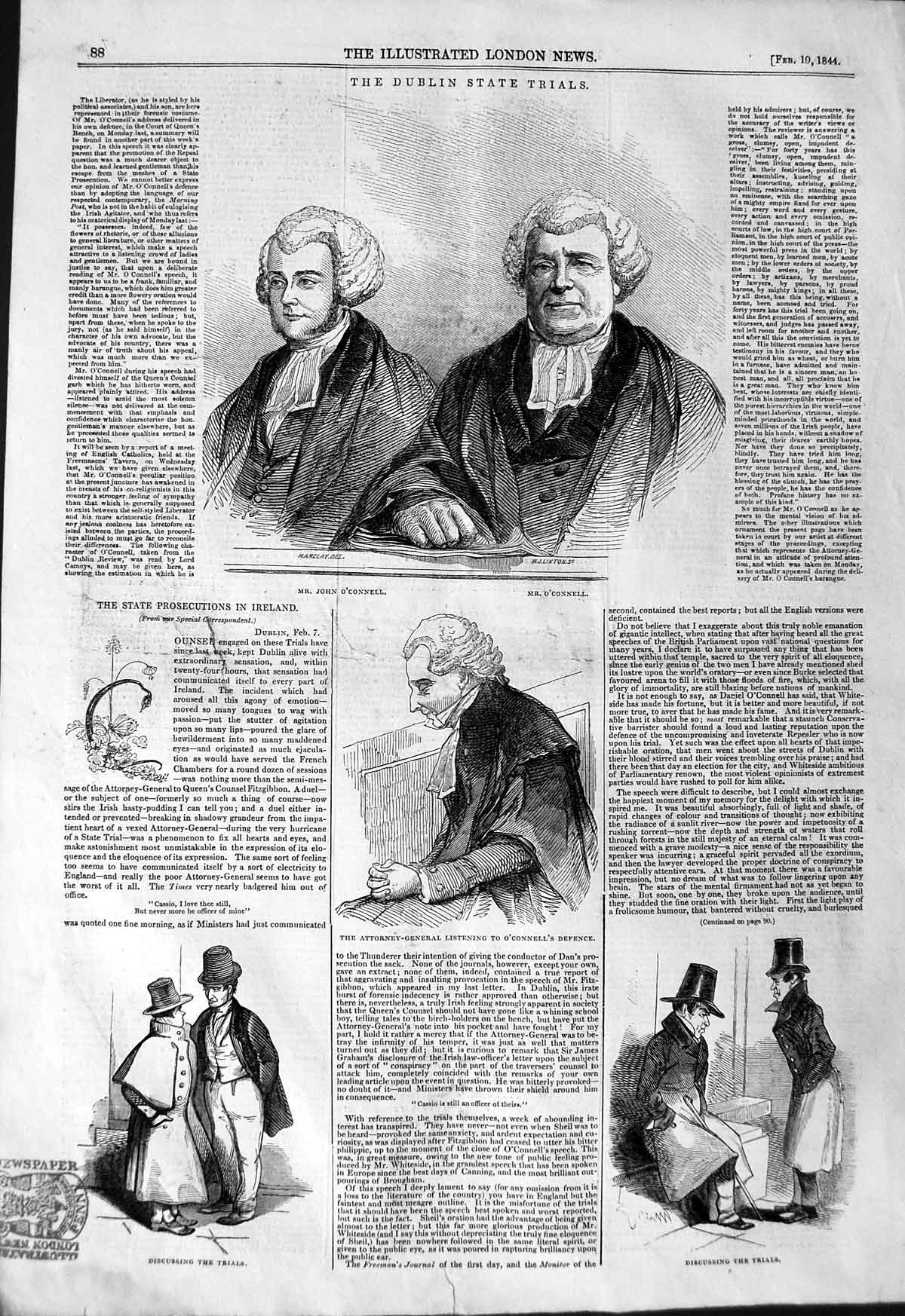 Original Old Antique Print 1844 Dublin State Court Trial O'Connell Ireland 19th
