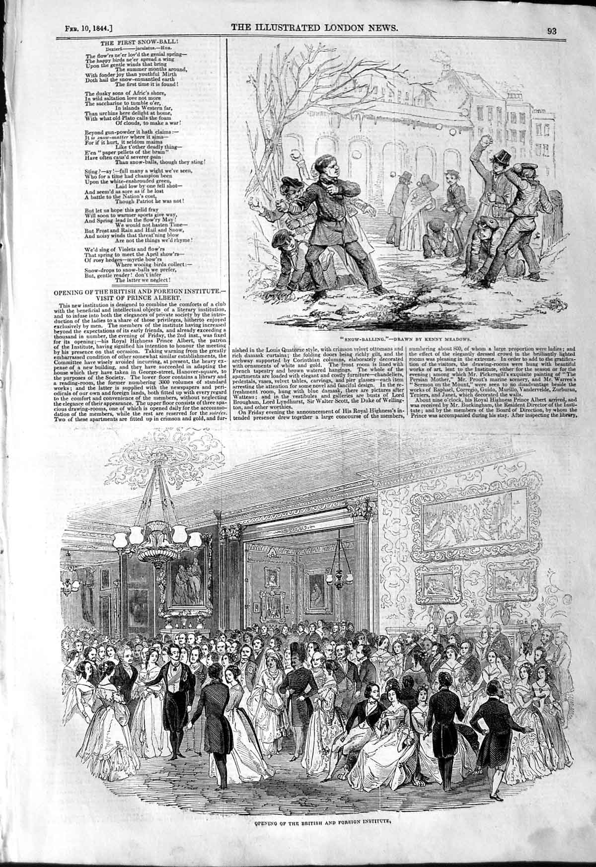 Original Old Antique Print 1844 Snow Balling British Foreign Institute Dancing