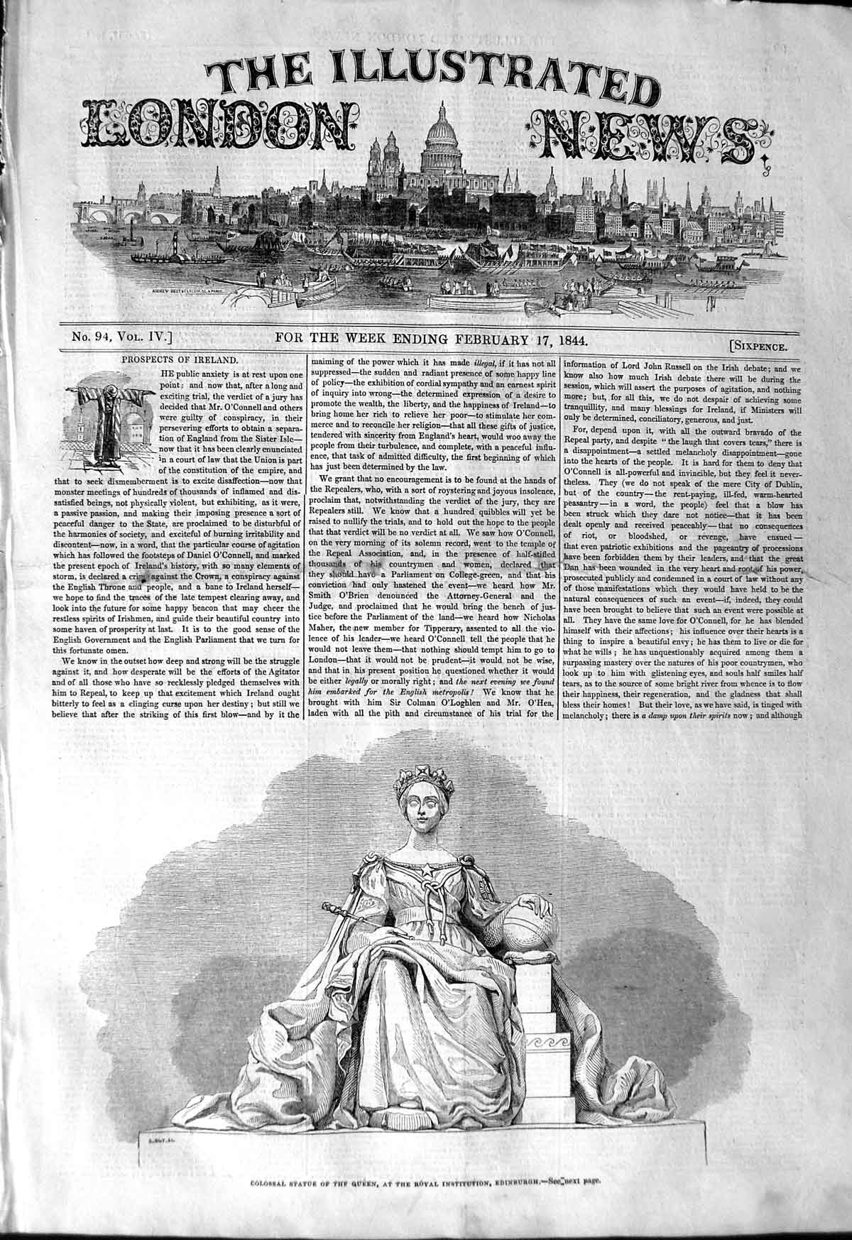 Original Old Antique Print 1844 Statue Queen Royal Institution Edinburgh S 19th