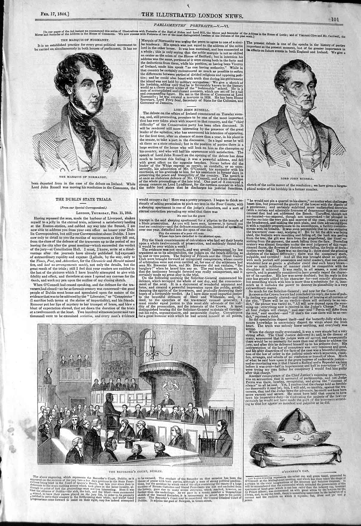 Old Antique Print 1844 Recorders Court Dublin O'Connel Russell Normandy 19th