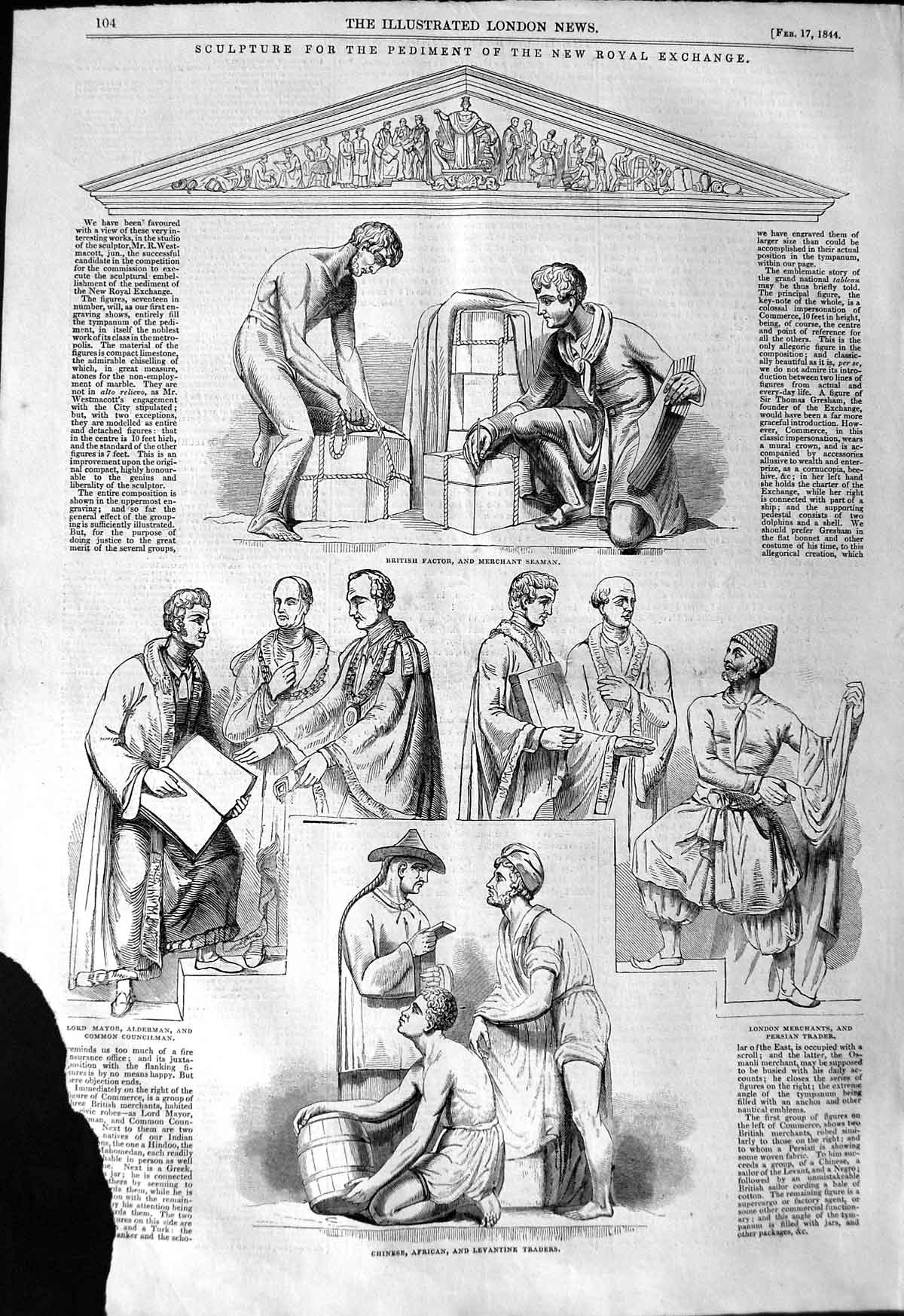 Original Old Antique Print 1844 Sculpture Royal Exchange Merchant Seaman Mayor