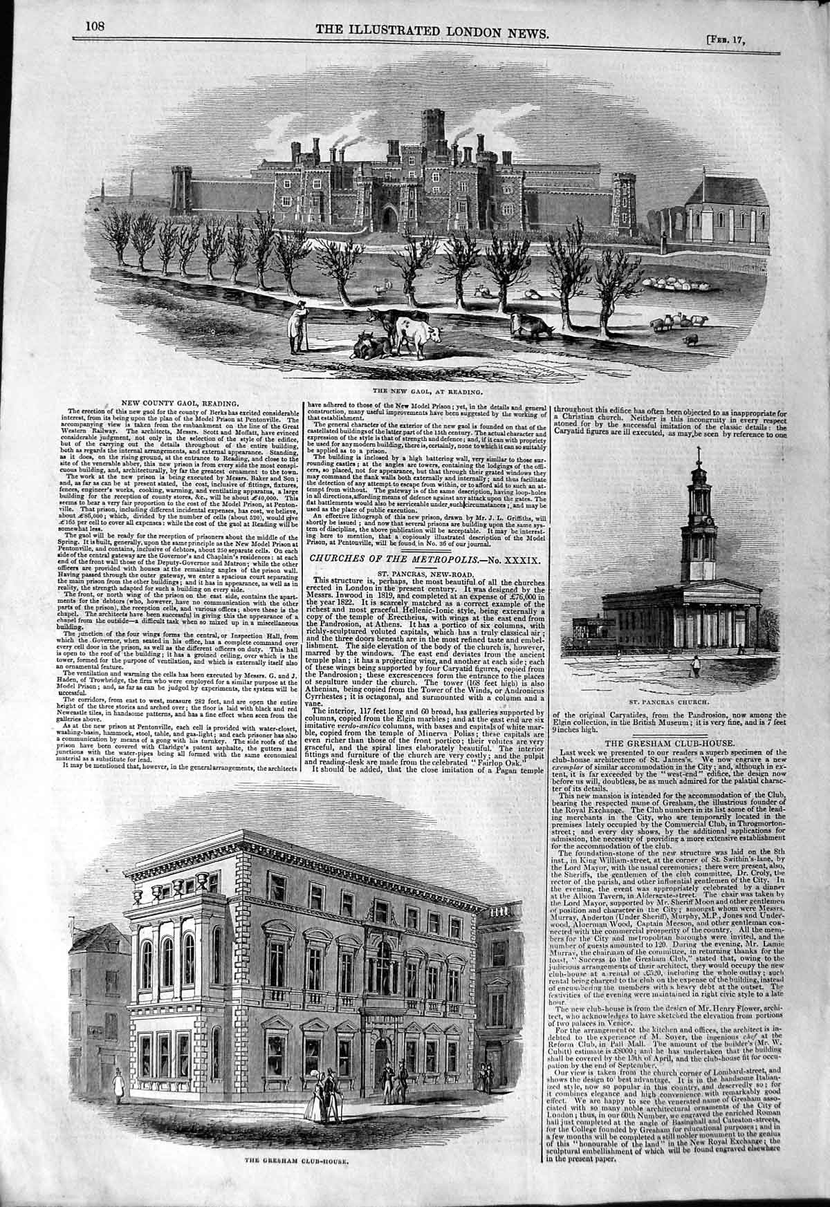 Original Old Antique Print 1844 Gaol Reading Gresham Club House Pancras Church