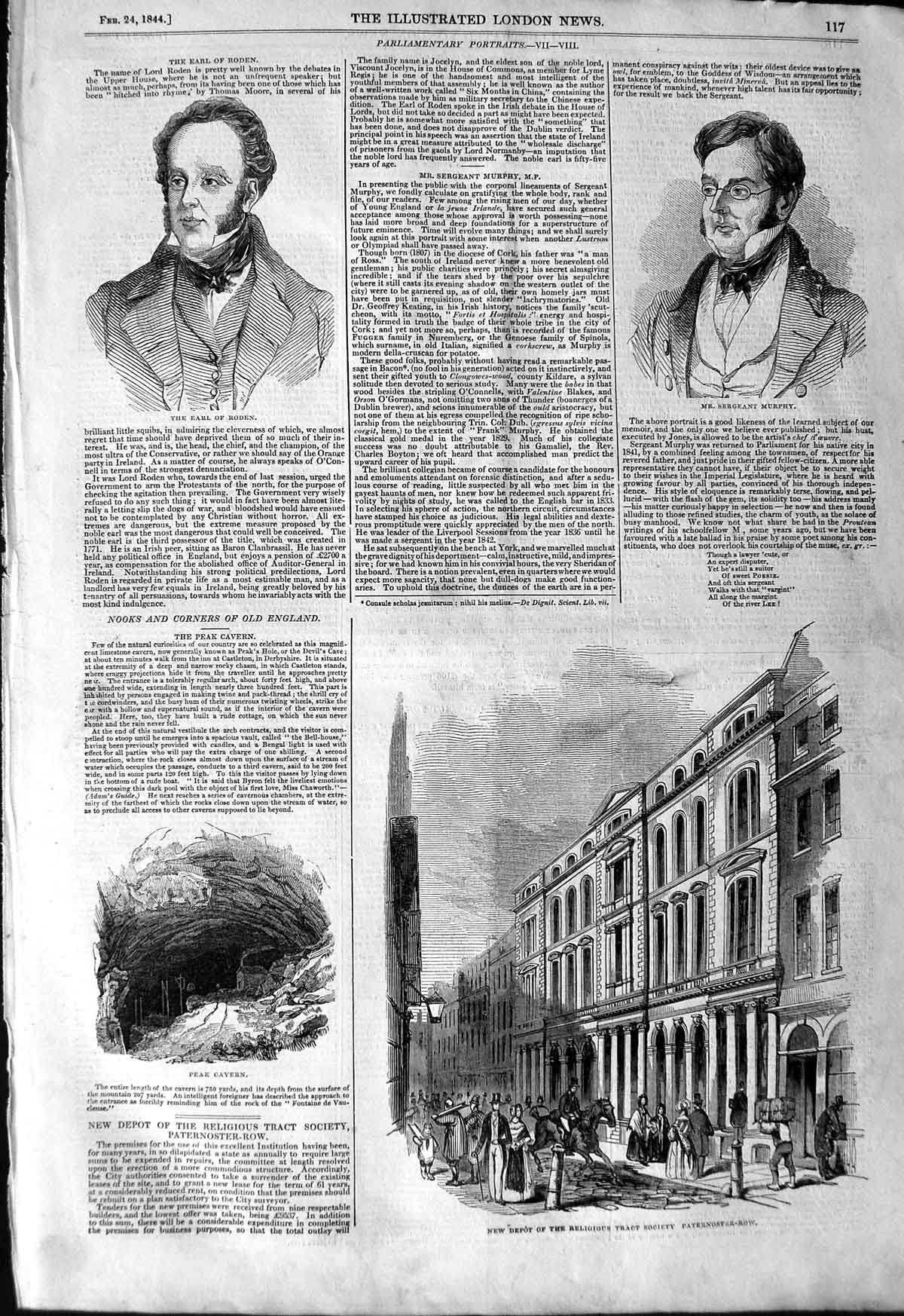 Original Old Antique Print 1844 Paternoster-Row Peak Cavern Earl Roden Murphy