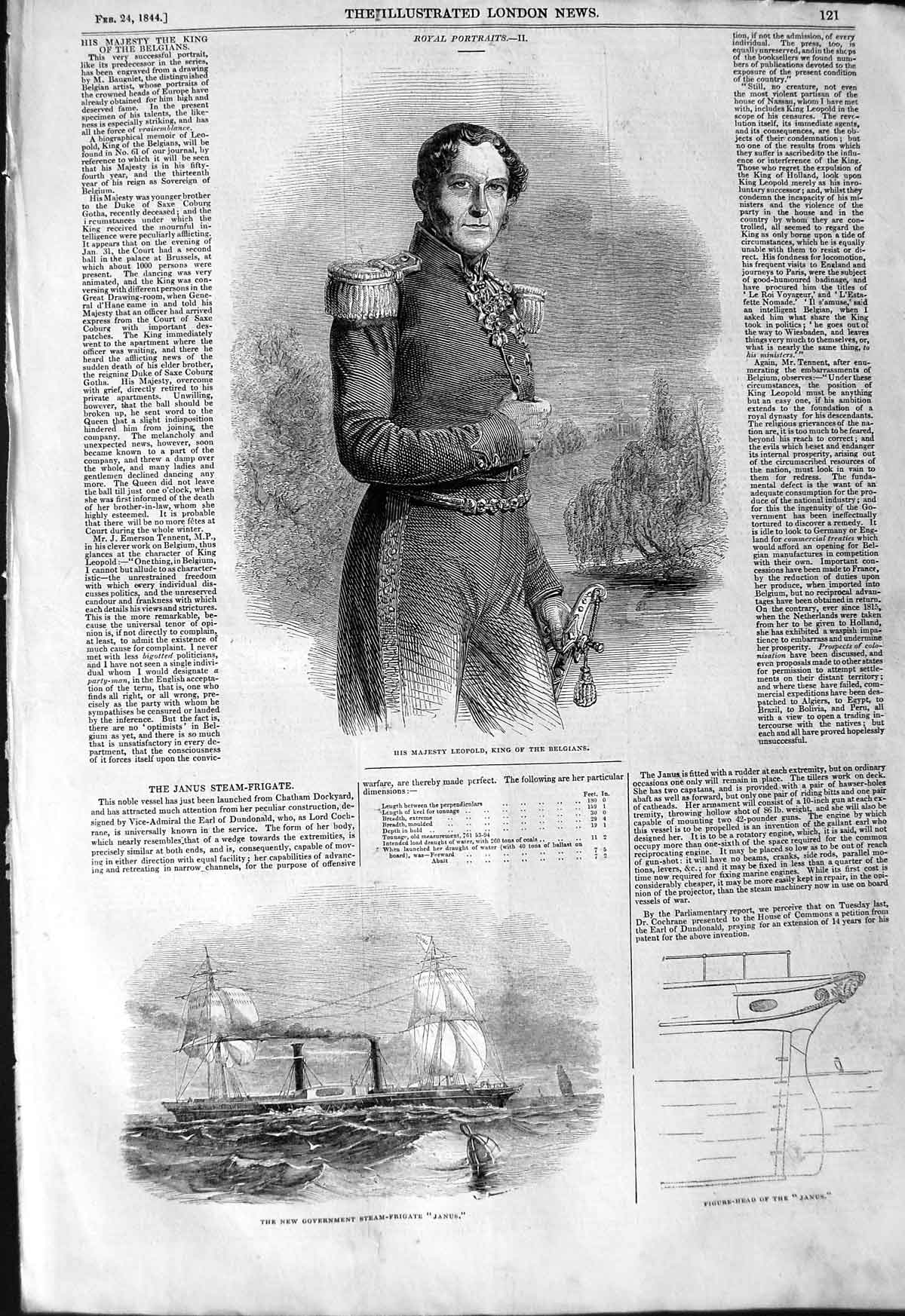 Original Old Antique Print 1844 King LeopBelgians Government Steamer Janus 19th