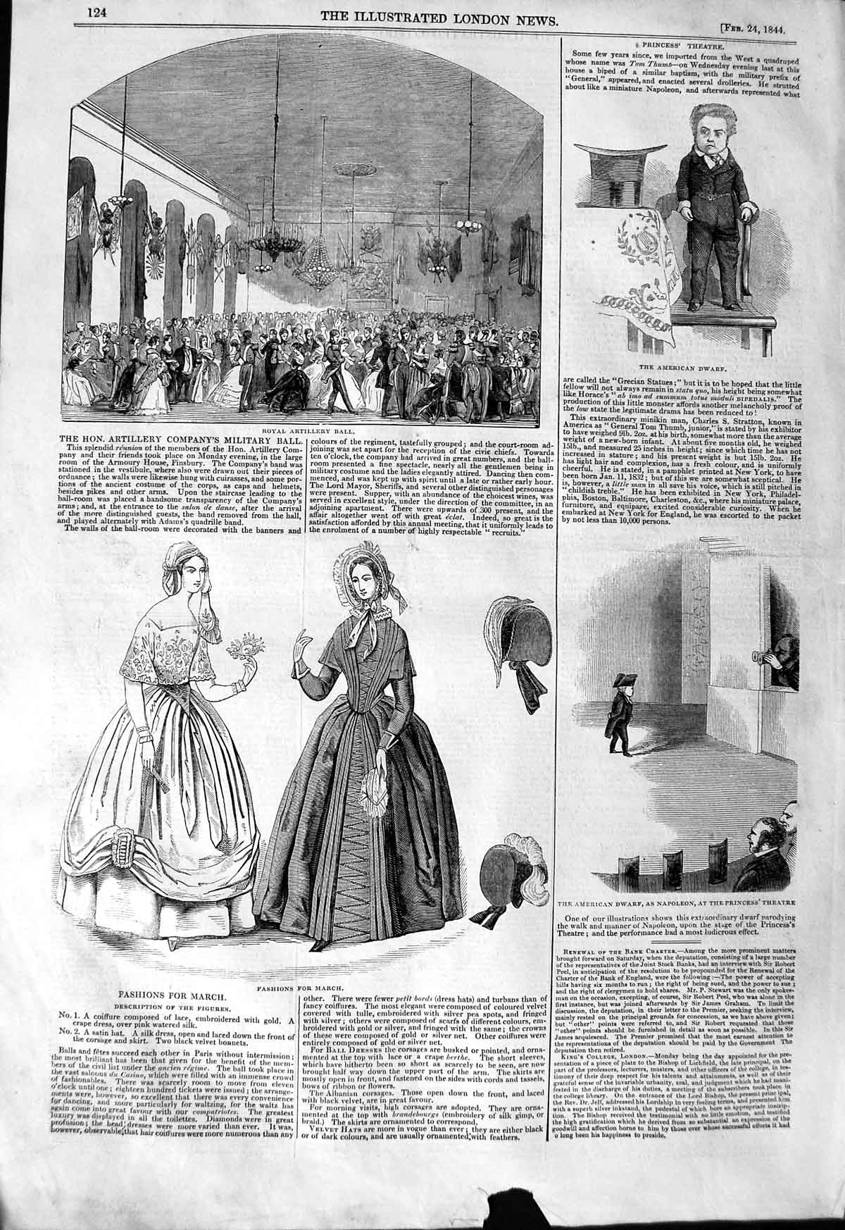 Original Old Antique Print 1844 Royal Artillery Ball American Dwarf Theatre