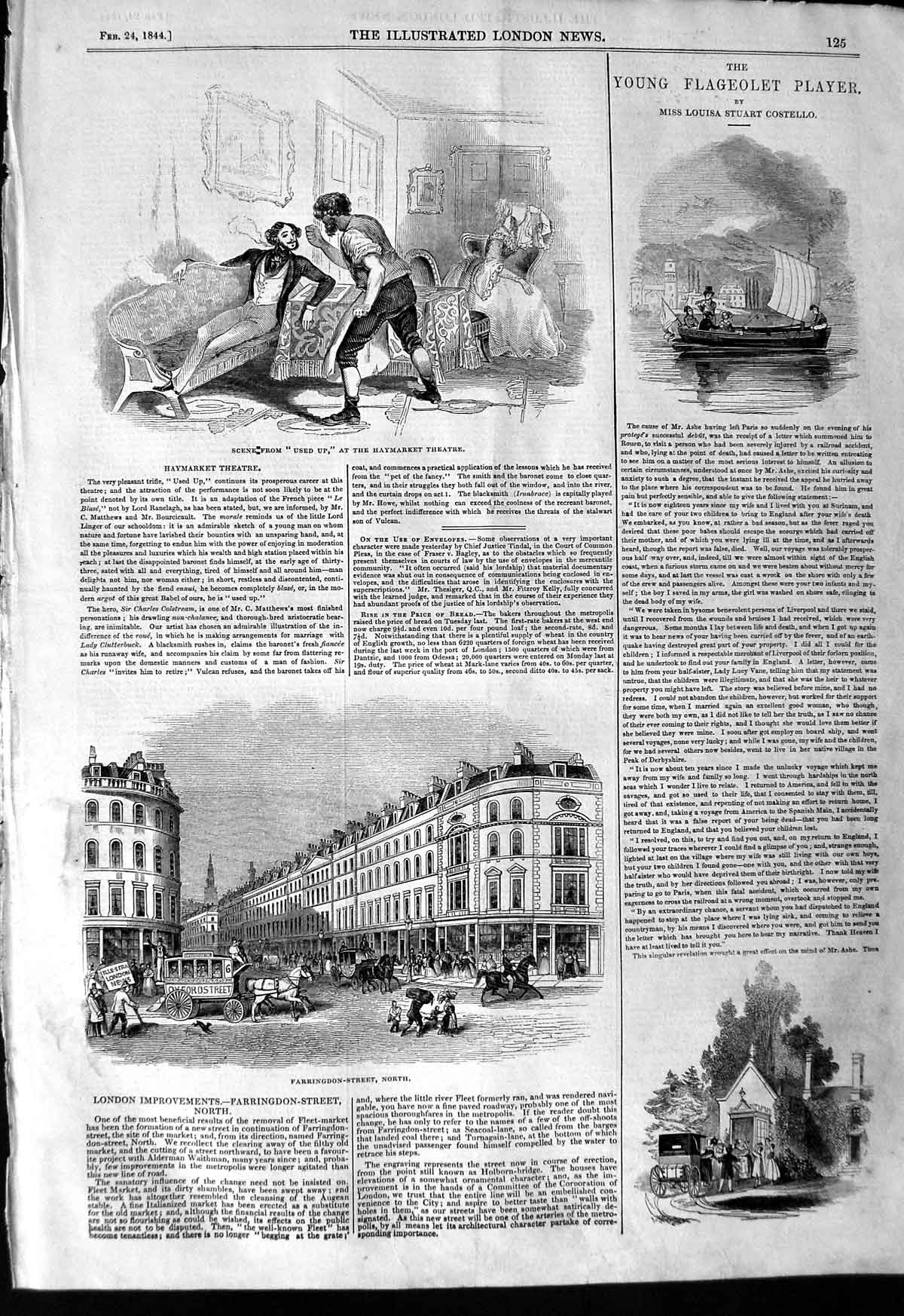 Original Old Antique Print 1844 Haymarket Theatre Farringdon Street Bu Victorian