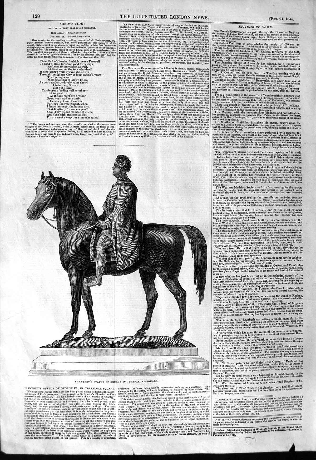 Original Old Antique Print 1844 Chantrey Statue King George Iv Trafalgar 19th