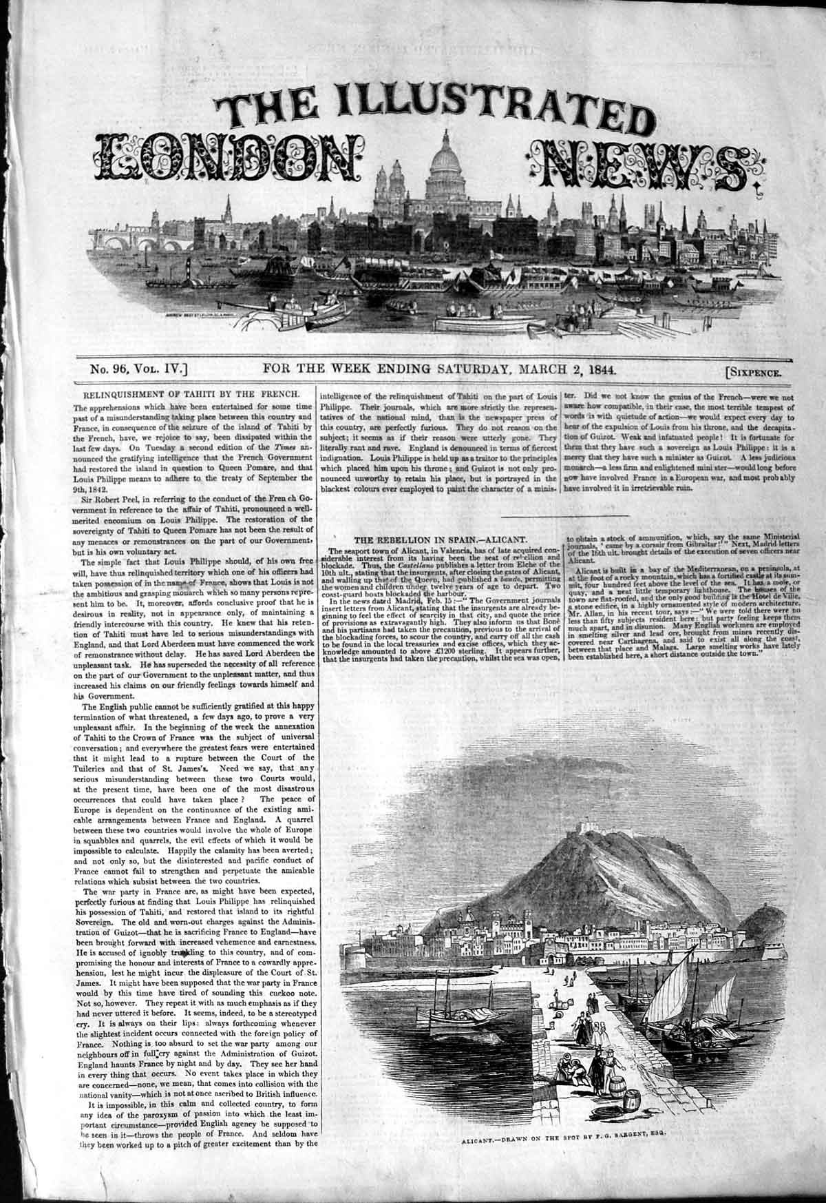 Original Old Antique Print 1844 View Alicant Spain Boats 19th Century