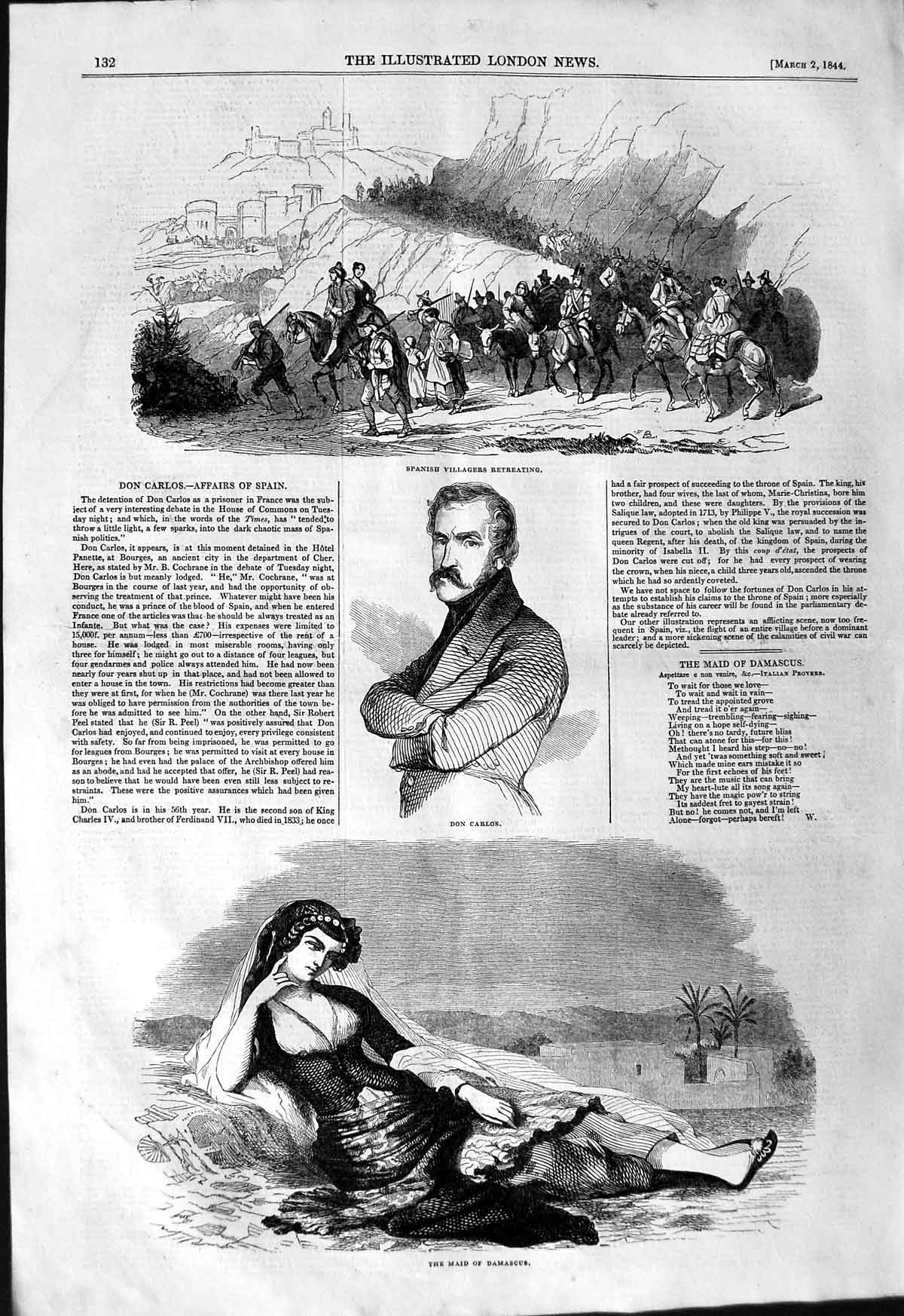 Original Old Antique Print 1844 Don Carlos Maid Damascus Spanish Villagers 19th