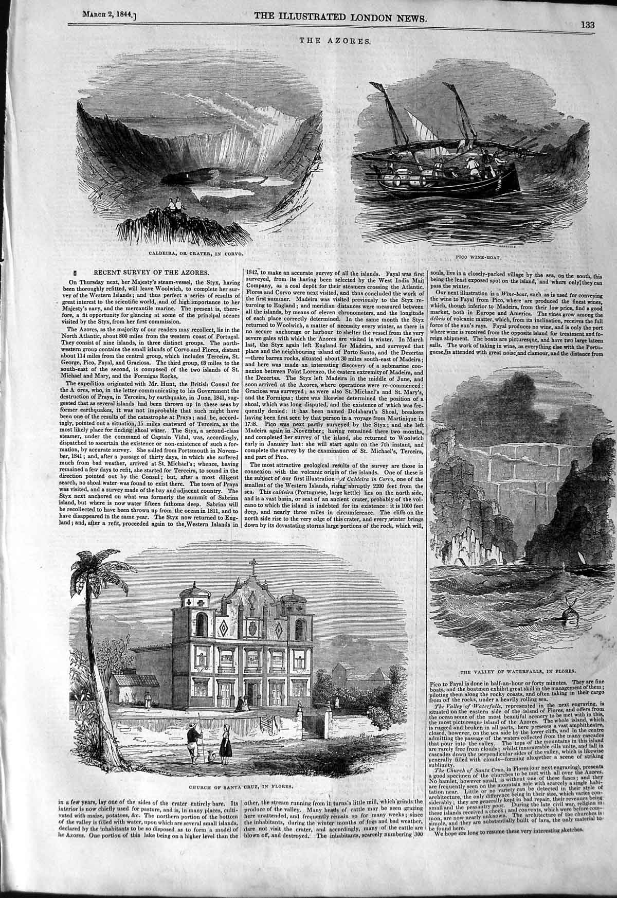 Old Antique Print 1844 Church Santa Cruz Flores Valley Waterfalls Corvo 19th