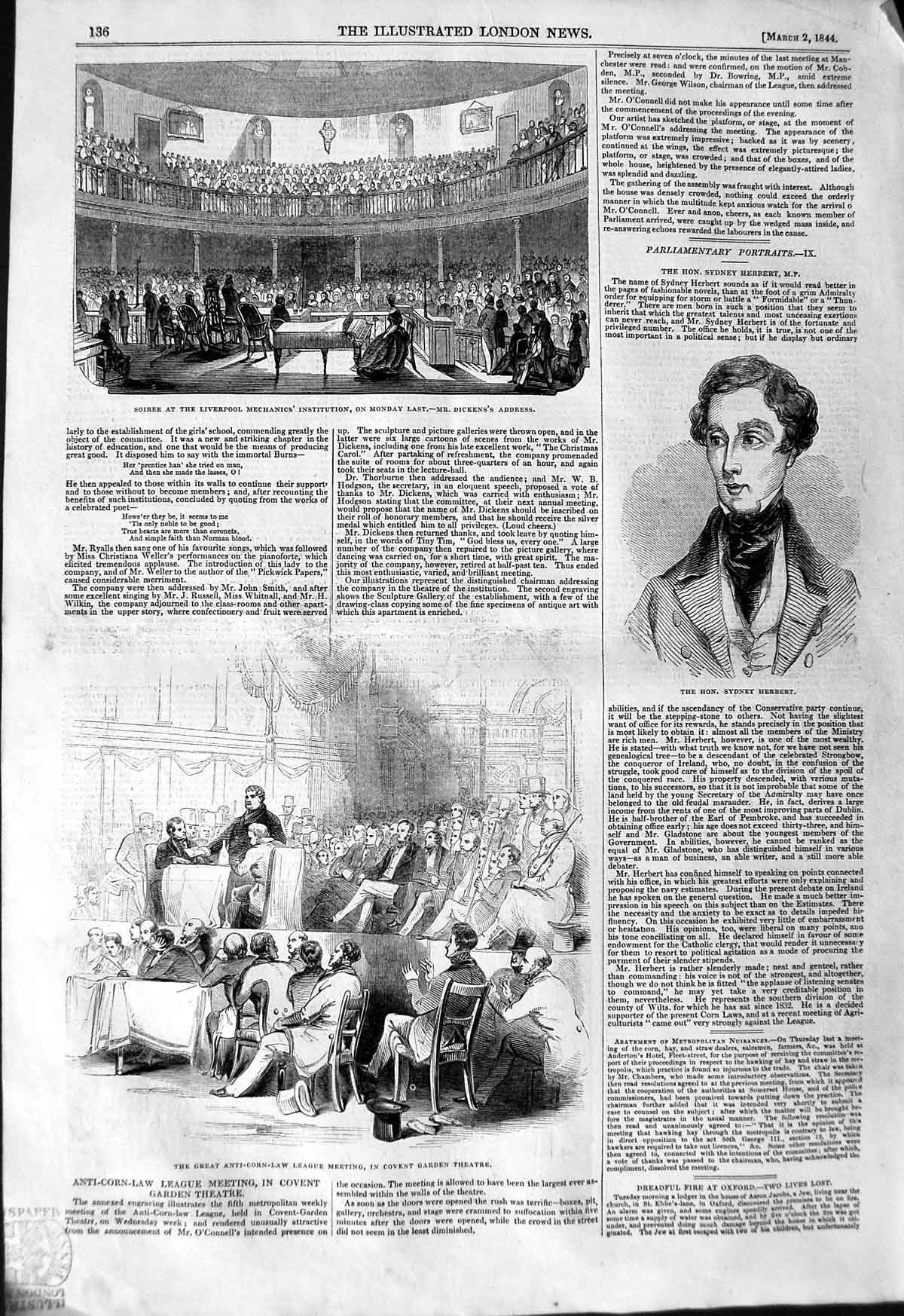 Original Old Antique Print 1844 Sydney Herbert Liverpool Mechanics Dickens 19th